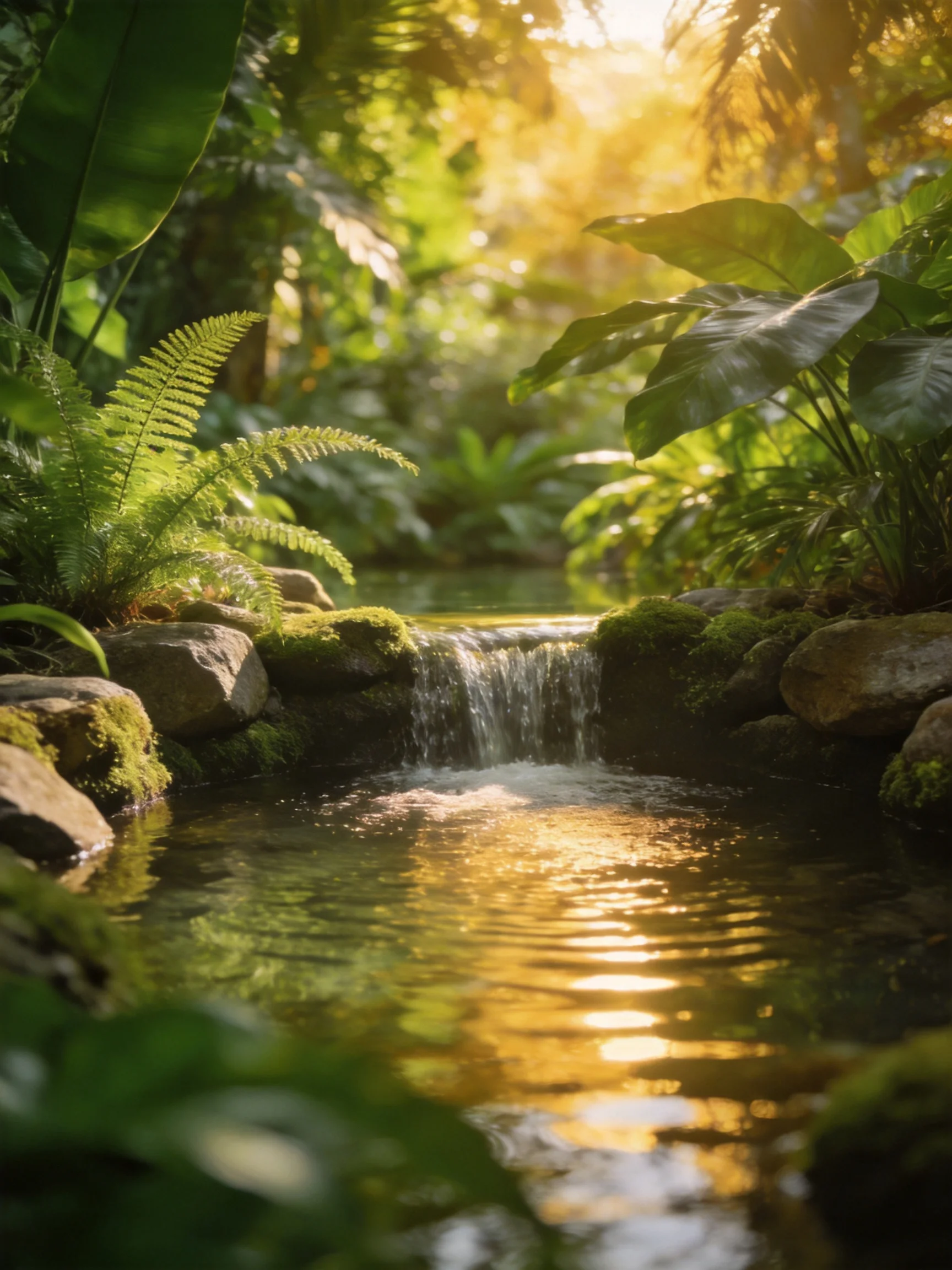 A serene forest stream with mossy rocks and golden sunlight