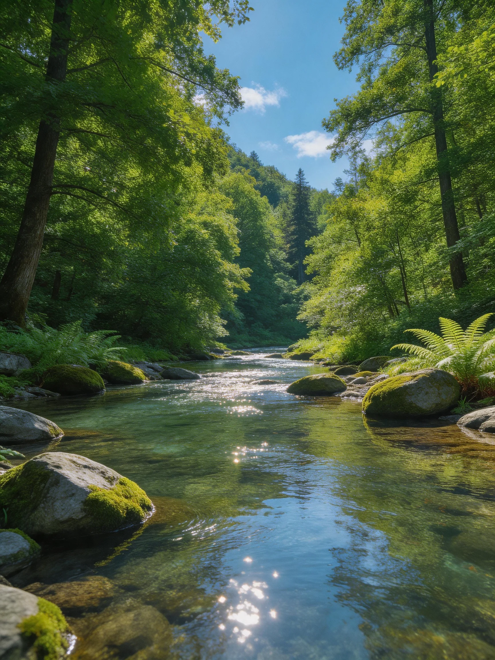 A serene forest stream with mossy rocks and lush green trees