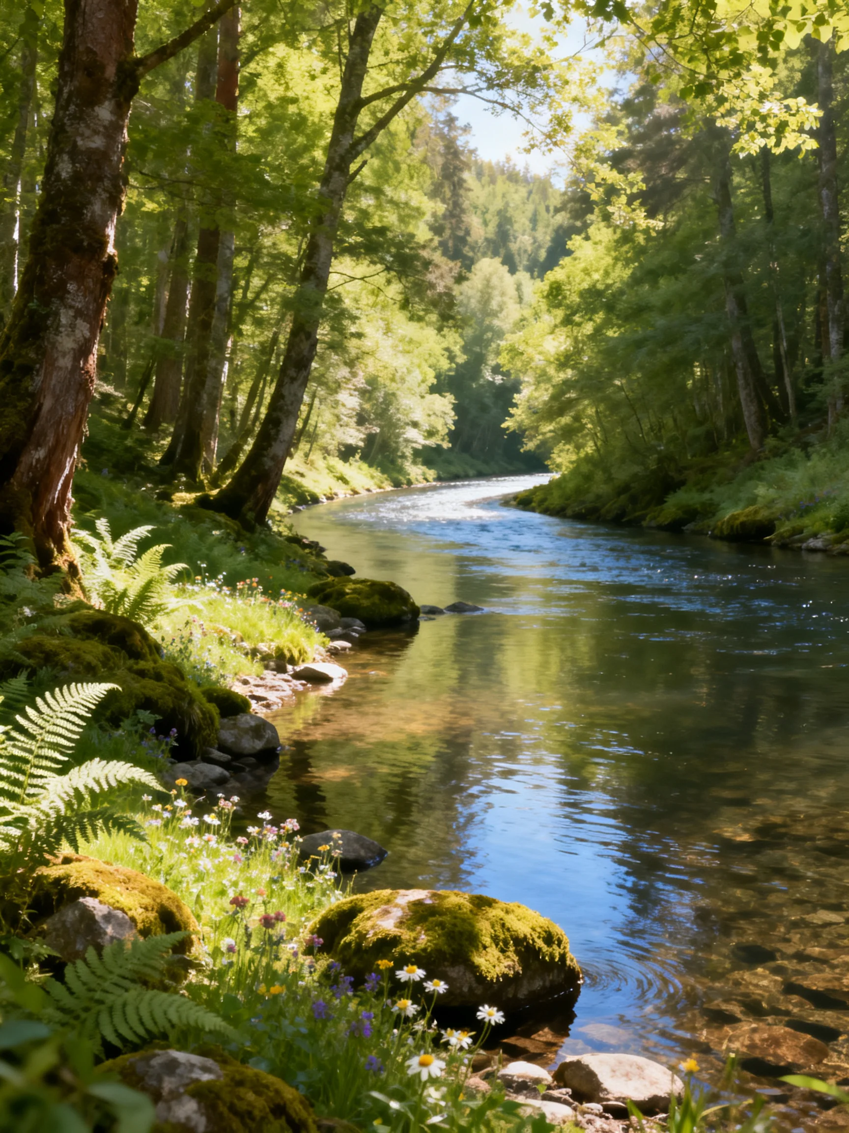 A serene forest stream with mossy rocks and lush greenery