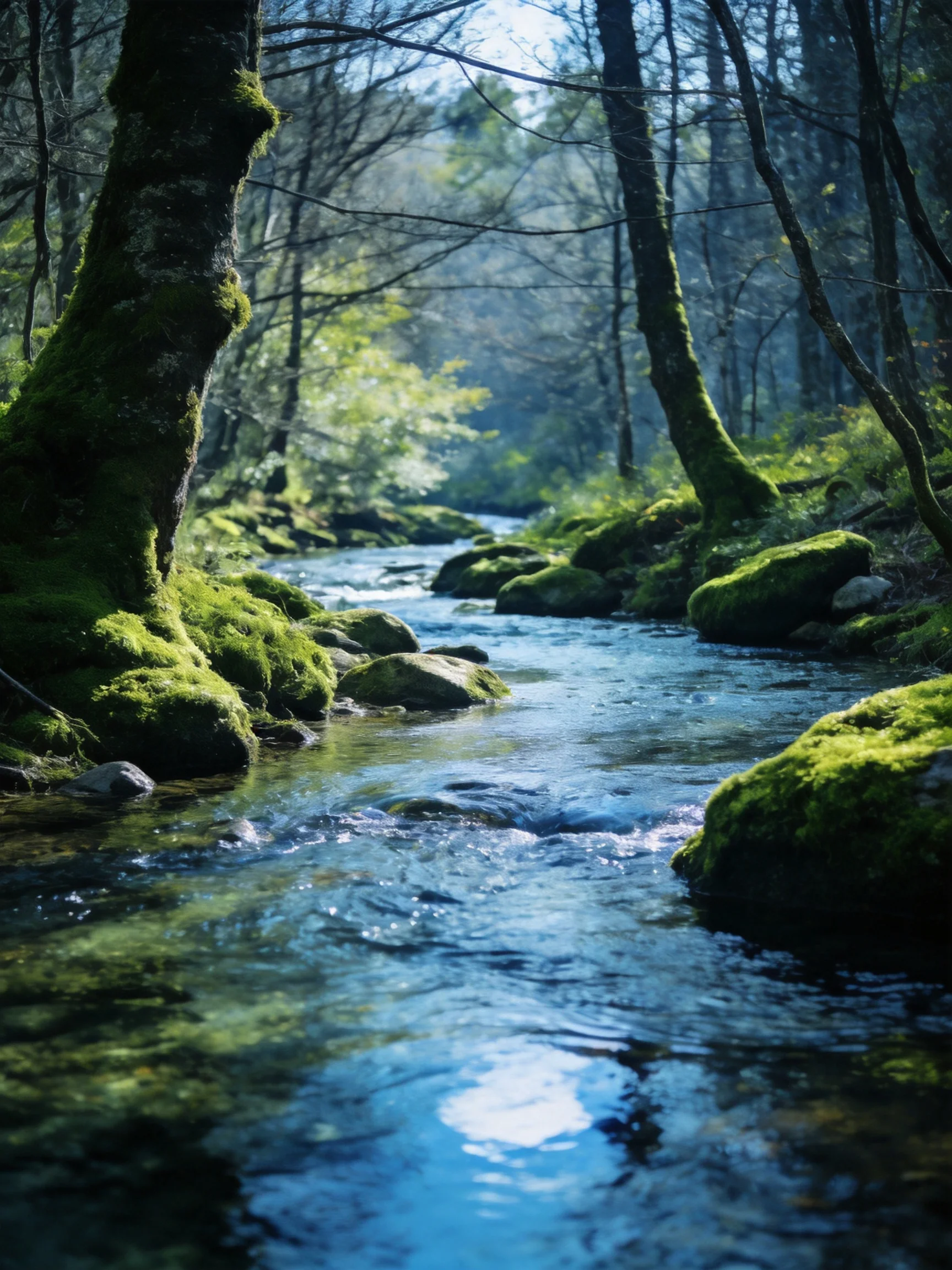 A serene forest stream with mossy rocks and towering trees