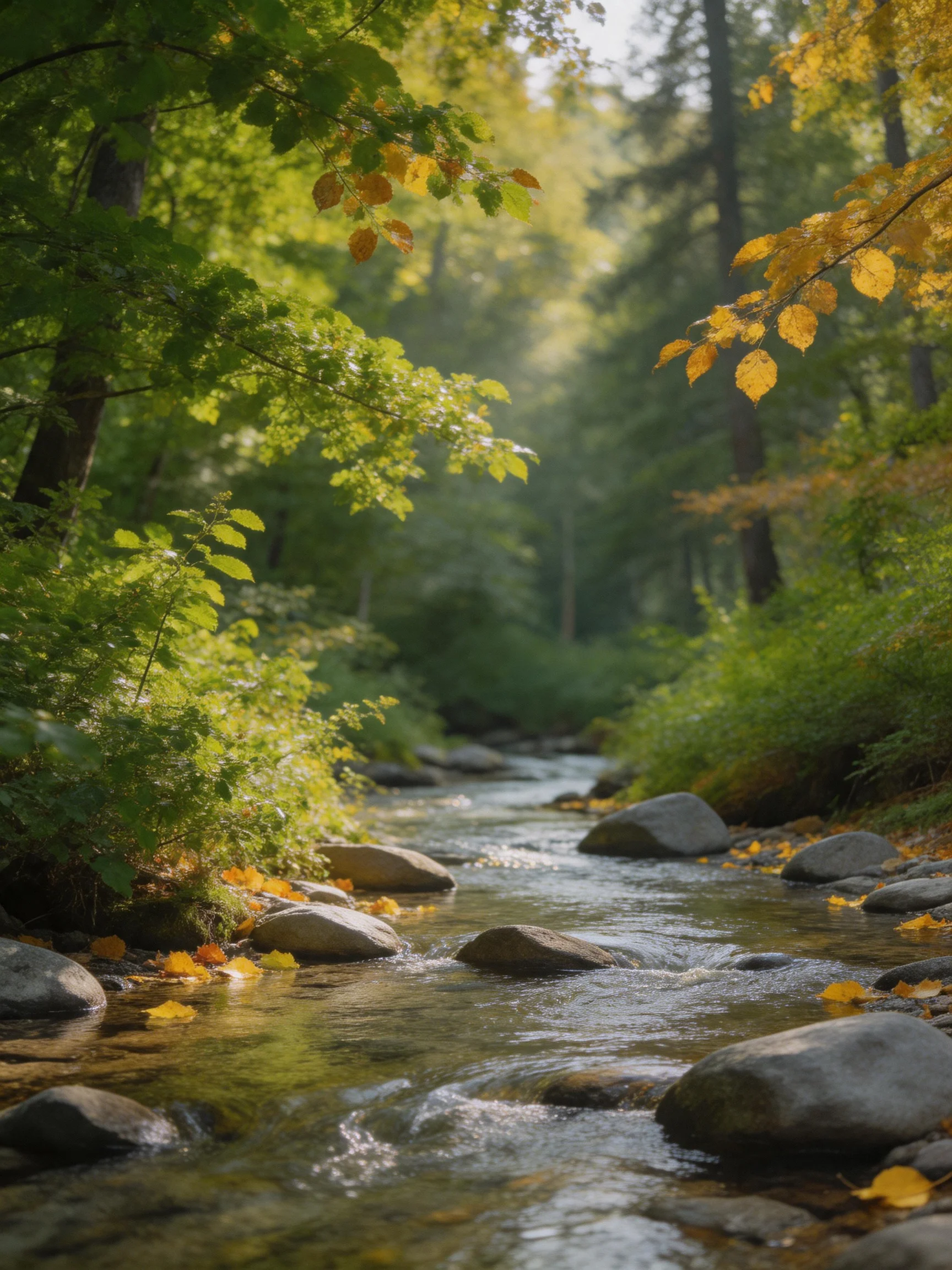 A serene forest stream with rocky banks and autumn foliage