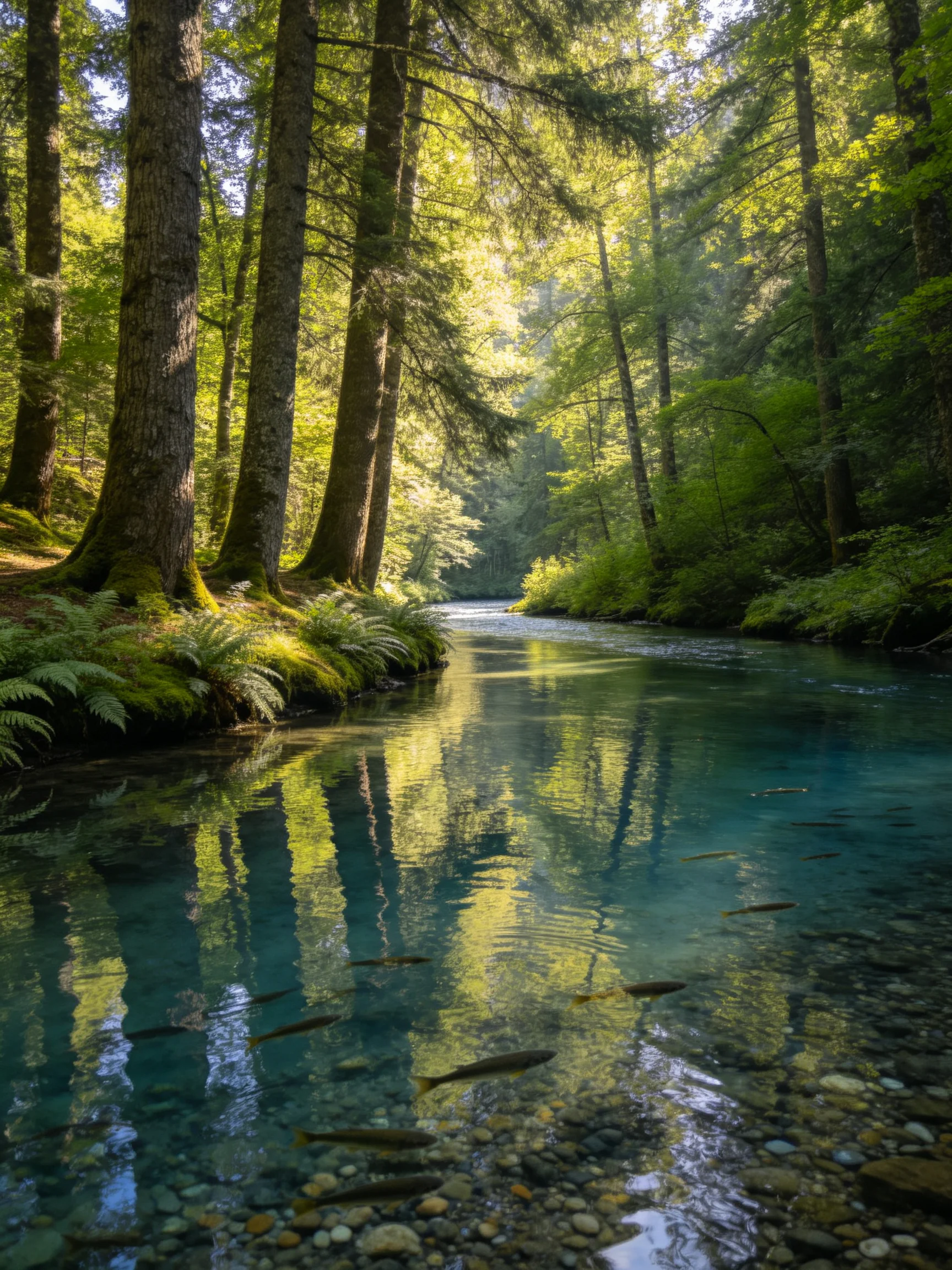 A serene forest stream with tall trees and clear turquoise water