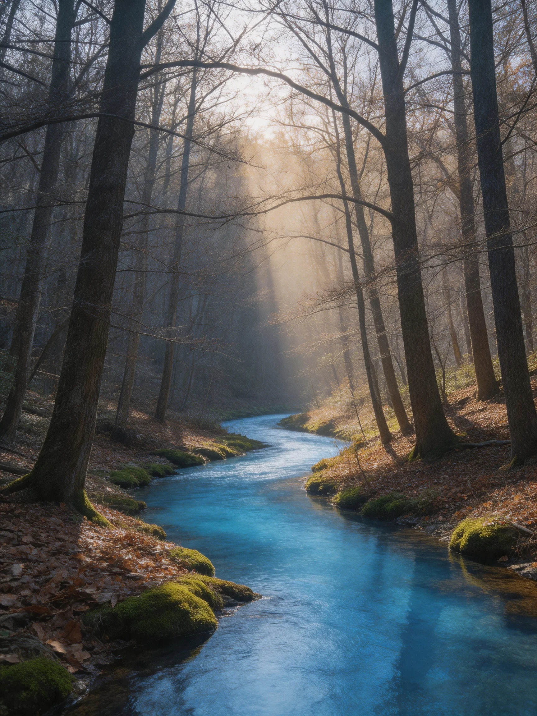 A serene forest stream with vibrant blue water and tall leafless trees