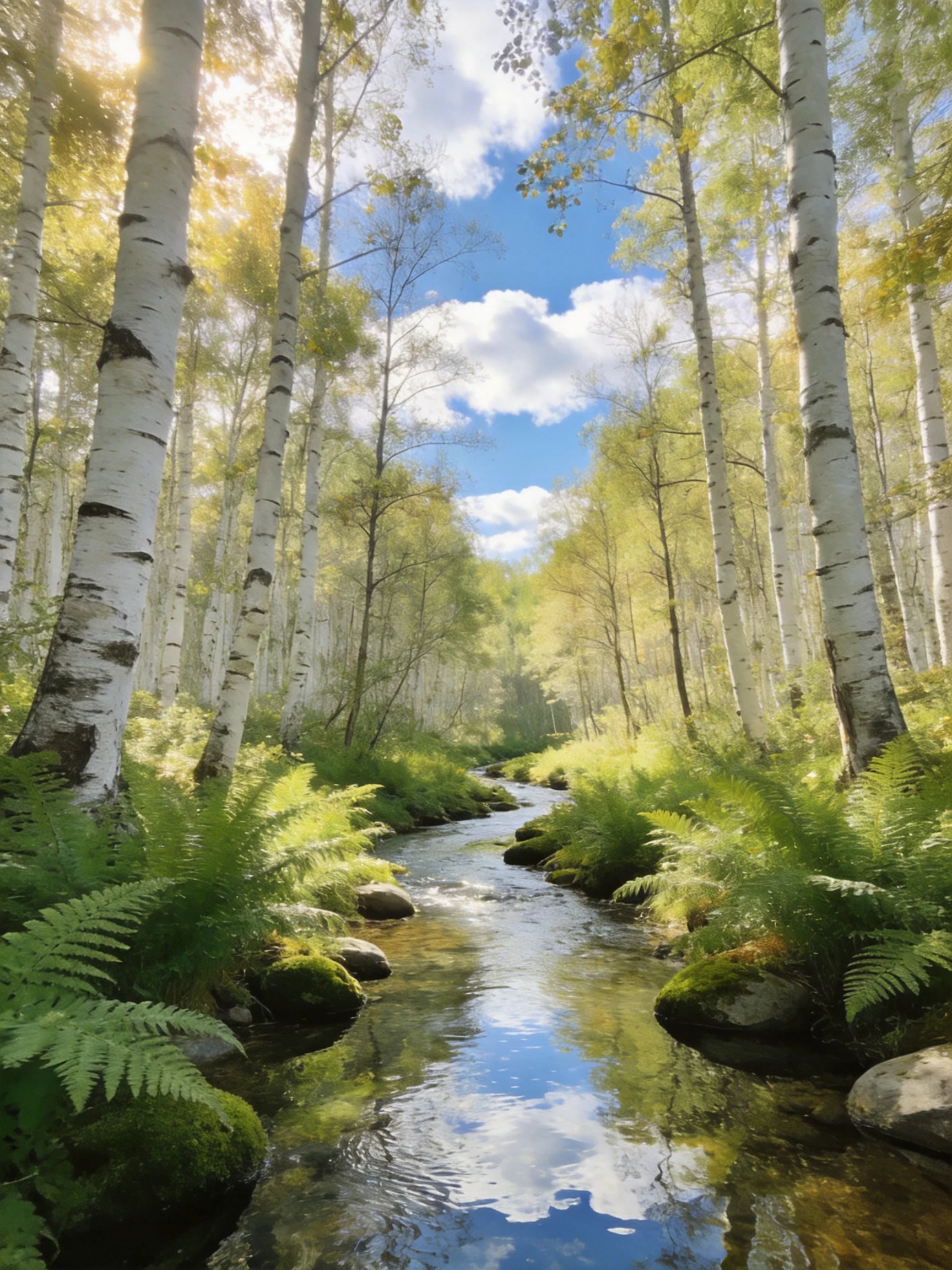 A serene forest stream with white birches and lush greenery