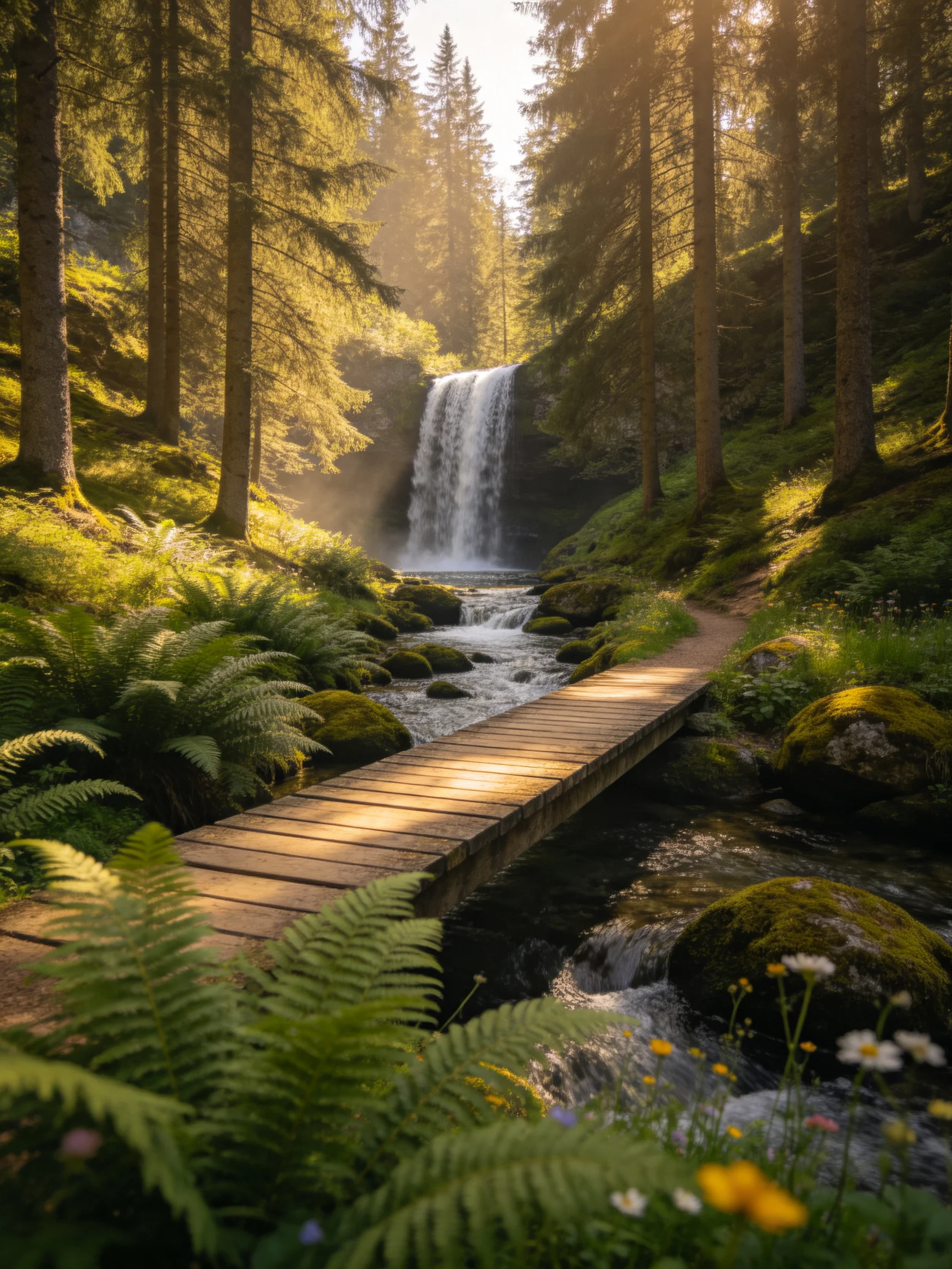 A serene forest waterfall with a wooden bridge and lush greenery