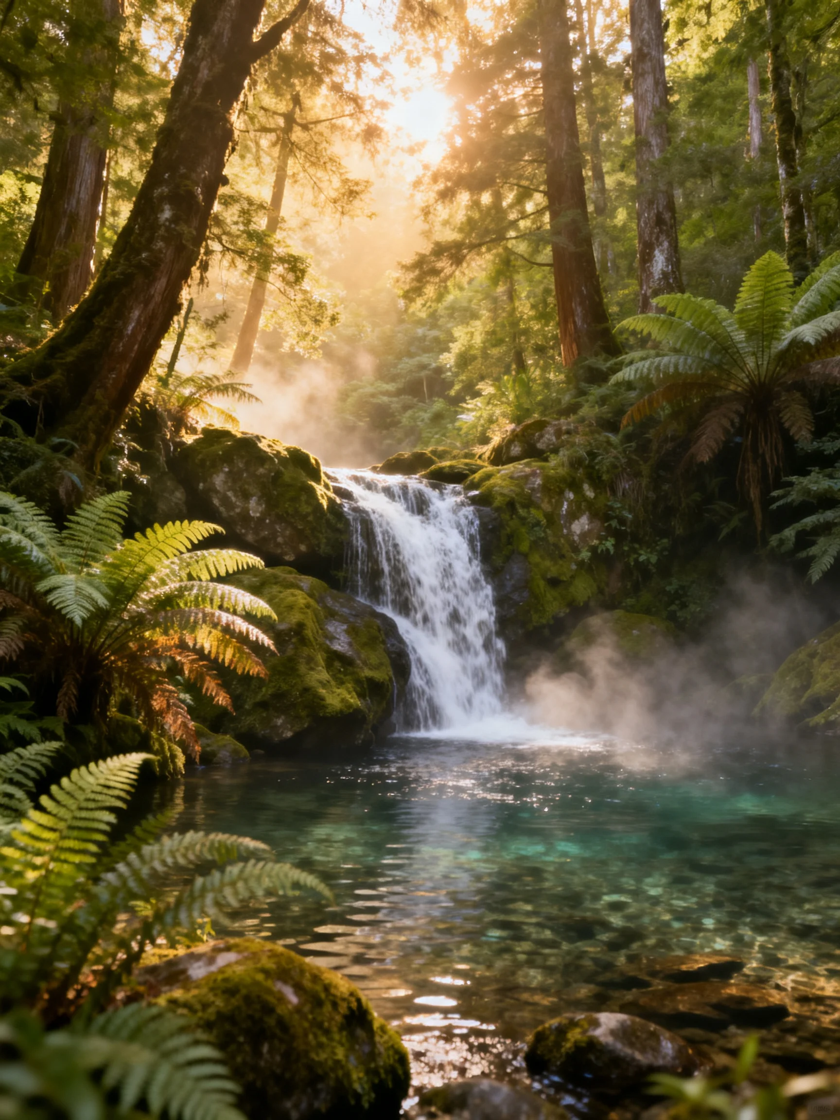 A serene forest waterfall with lush greenery and golden sunlight