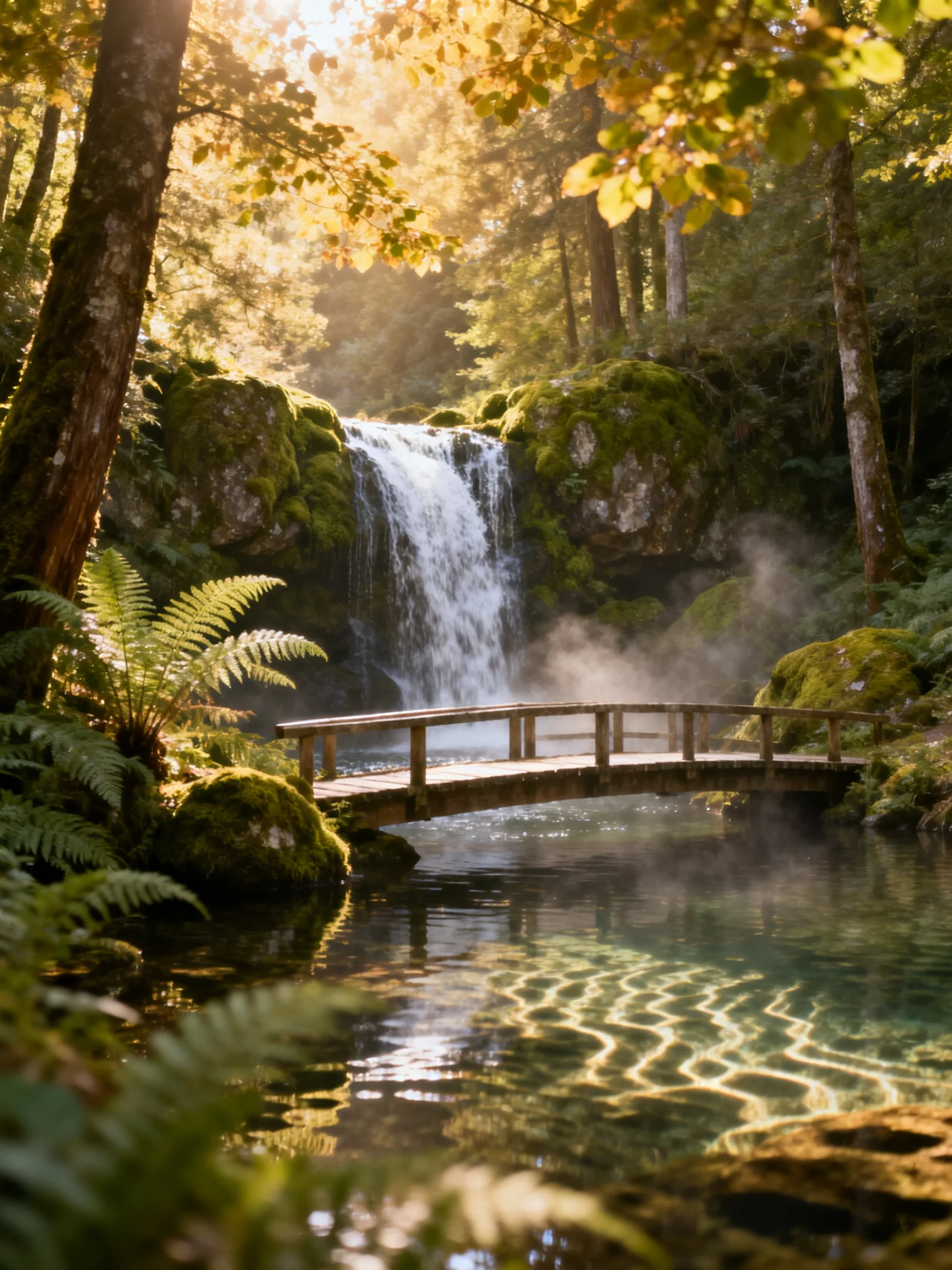 A serene forest waterfall with wooden bridge and moss-covered rocks
