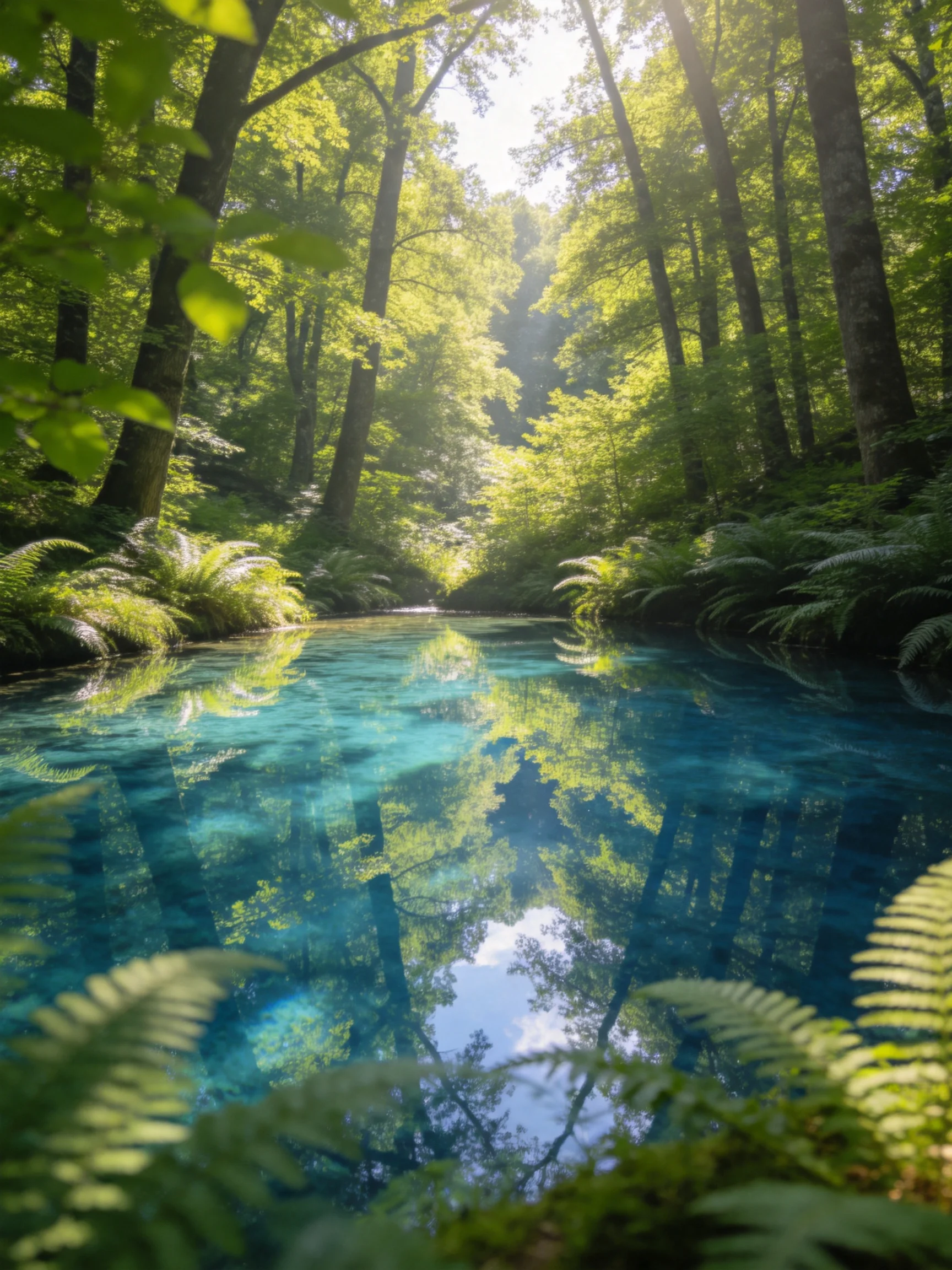 A serene forest with a turquoise pool reflecting lush greenery