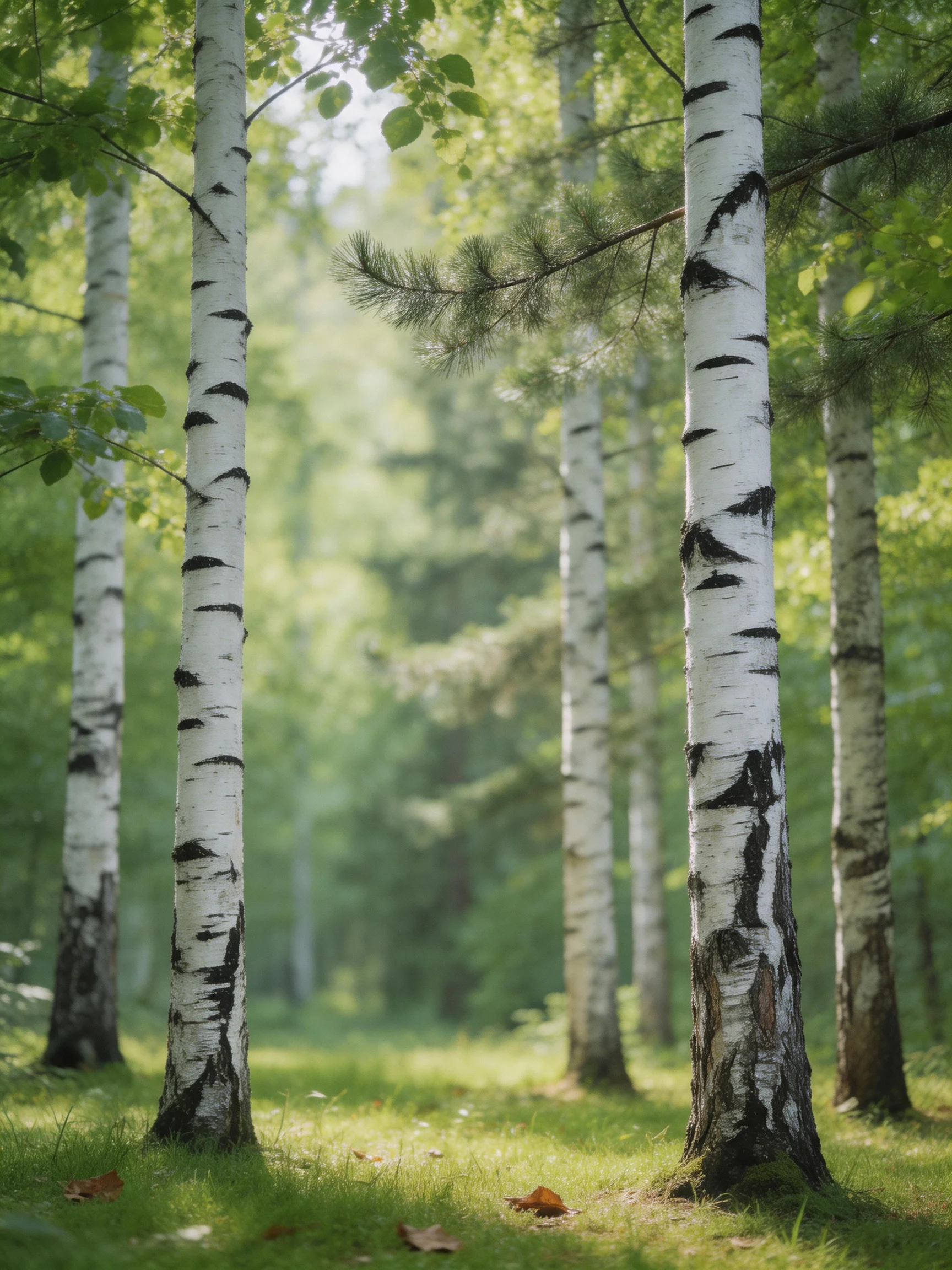 A serene forest with tall white-barked birches and lush green foliage