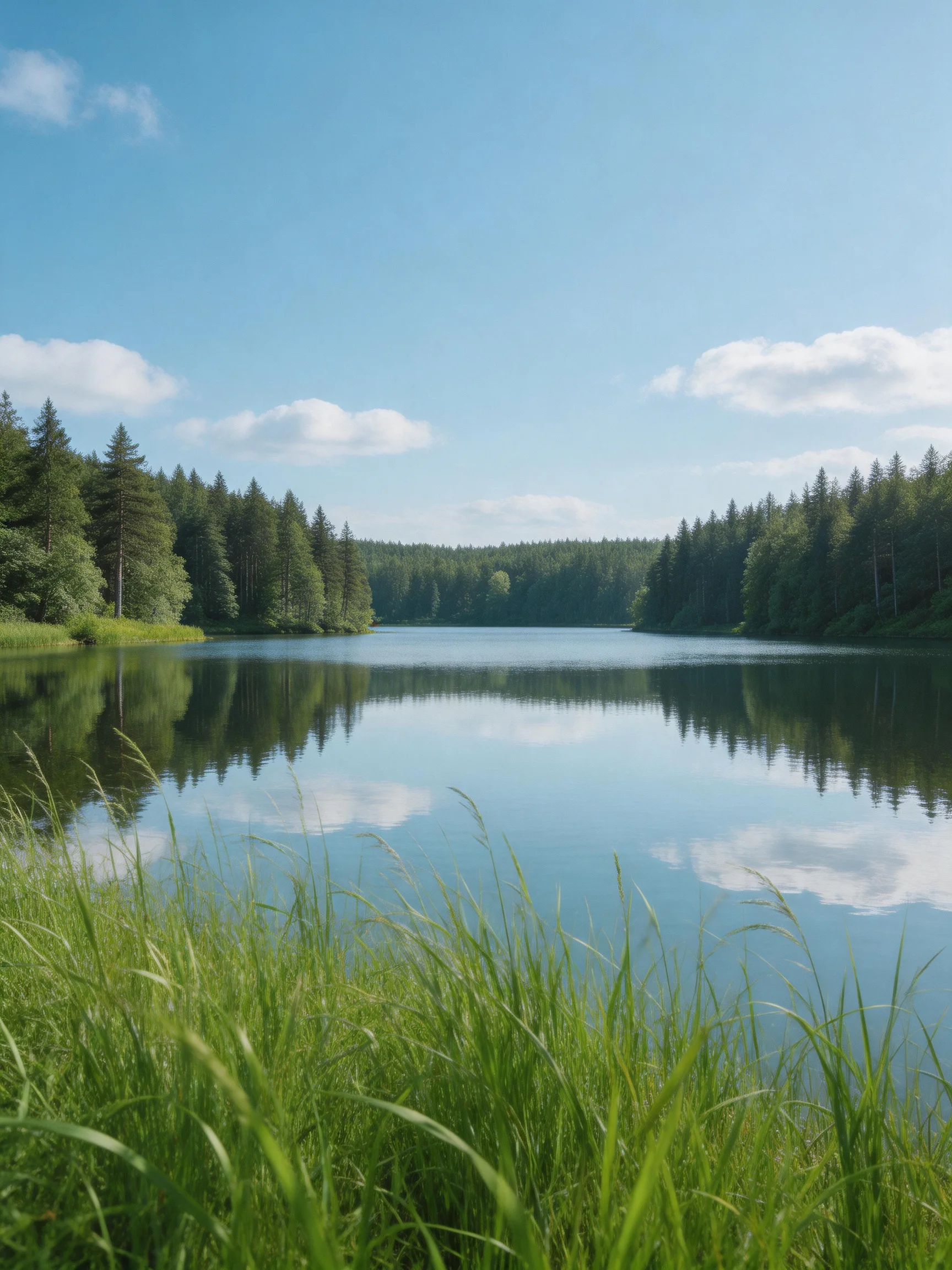 A serene lake bordered by dense evergreen forests under a bright blue sky