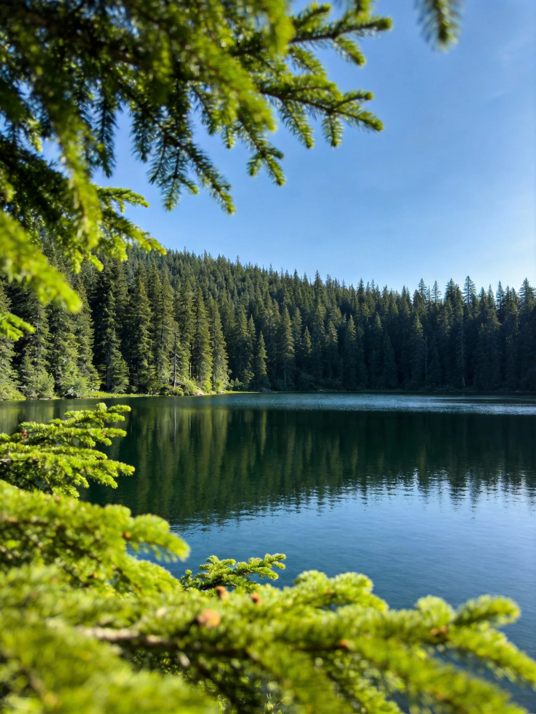 A serene lake bordered by dense evergreen forests under a clear blue sky