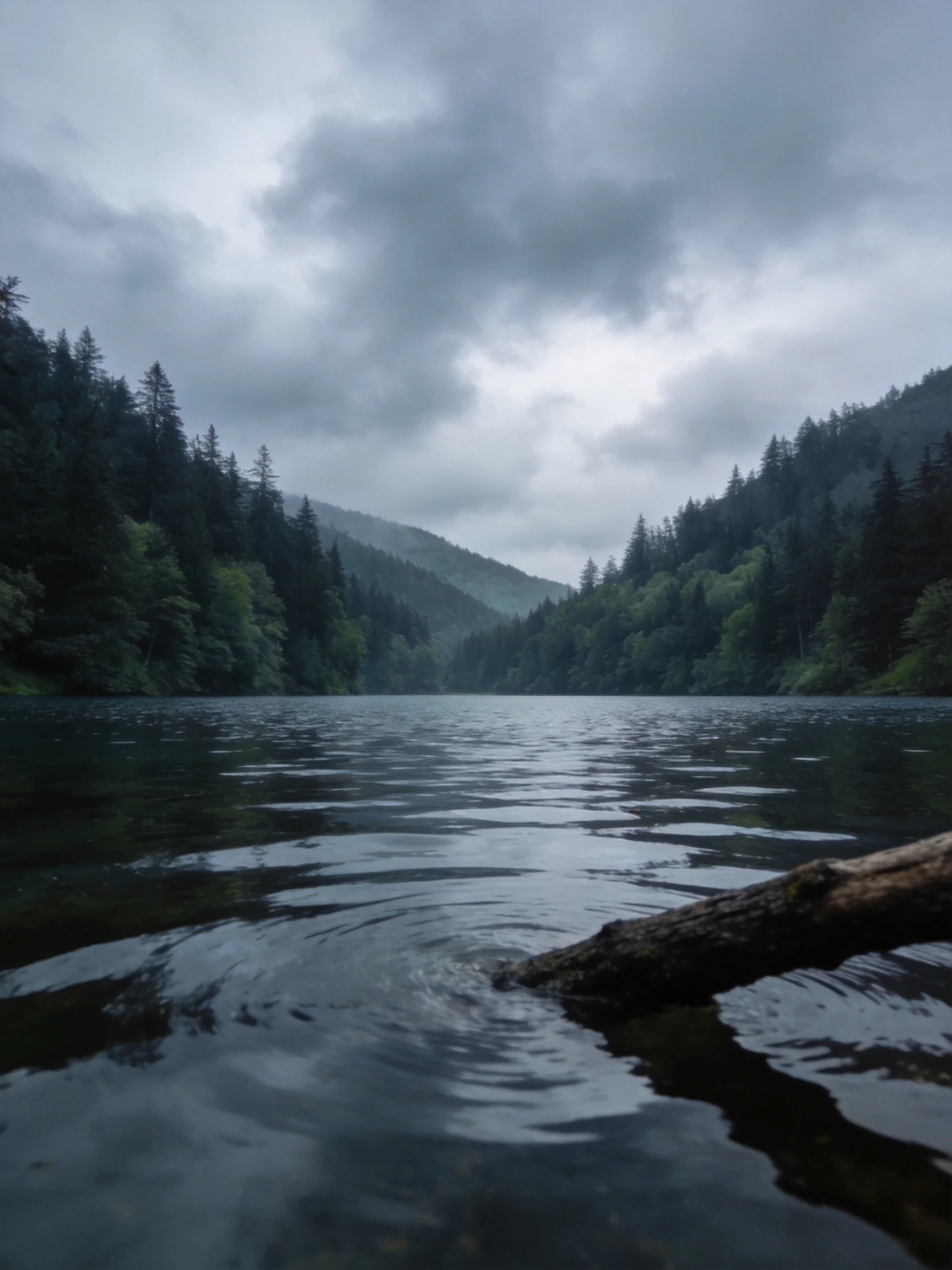 A serene lake bordered by dense evergreen forests under a moody sky