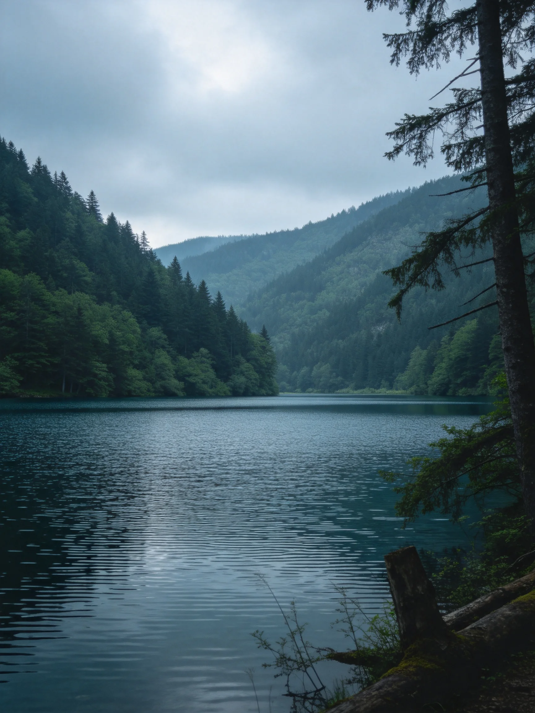 A serene lake bordered by dense green forests under an overcast sky