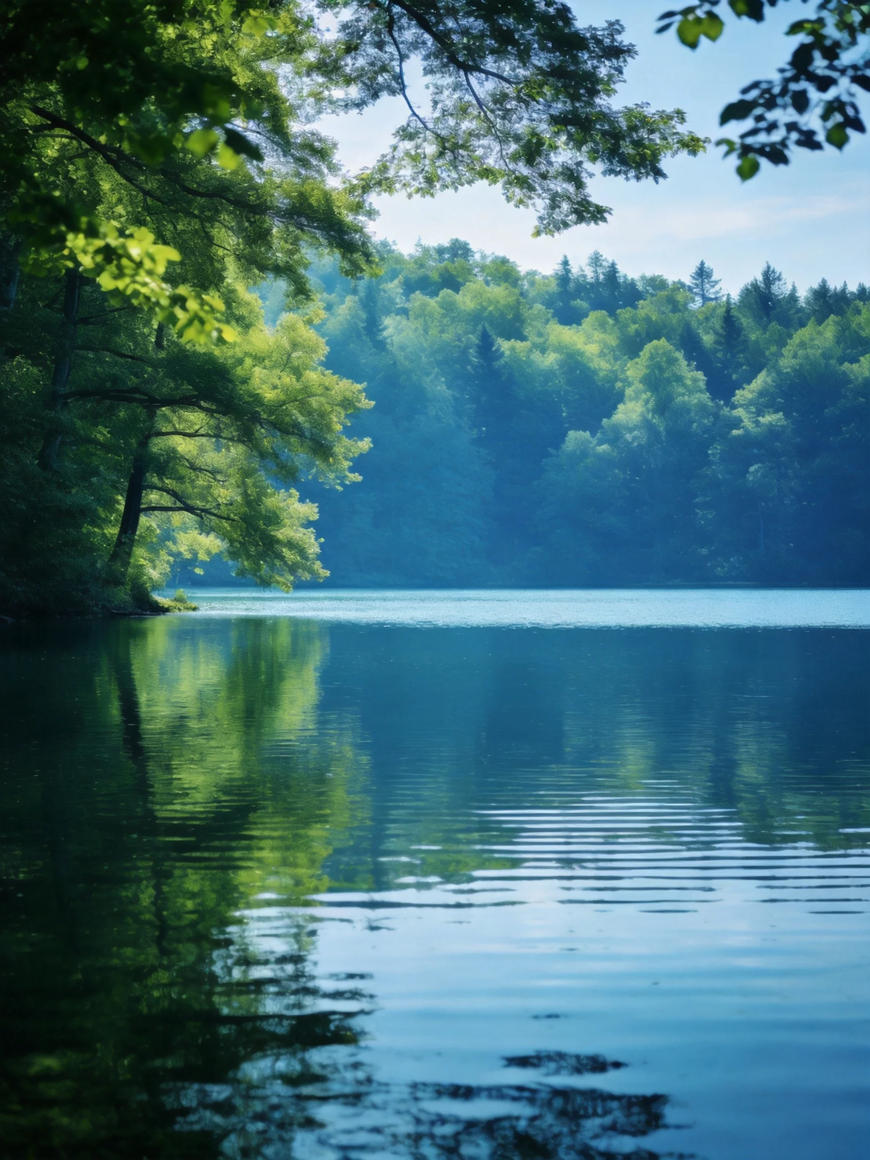 A serene lake bordered by dense green forests with reflective blue waters