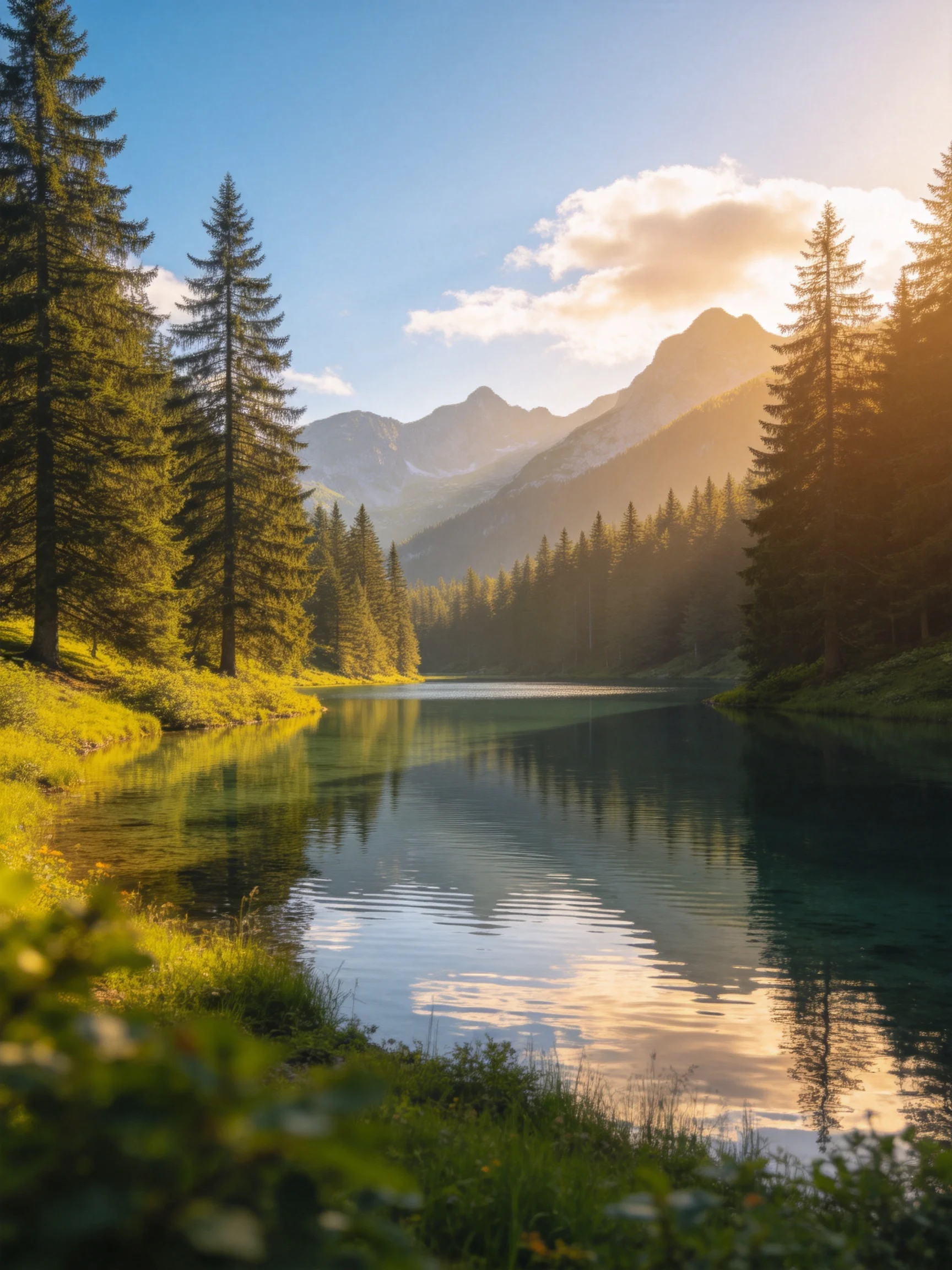 A serene lake bordered by pine forests and misty mountains