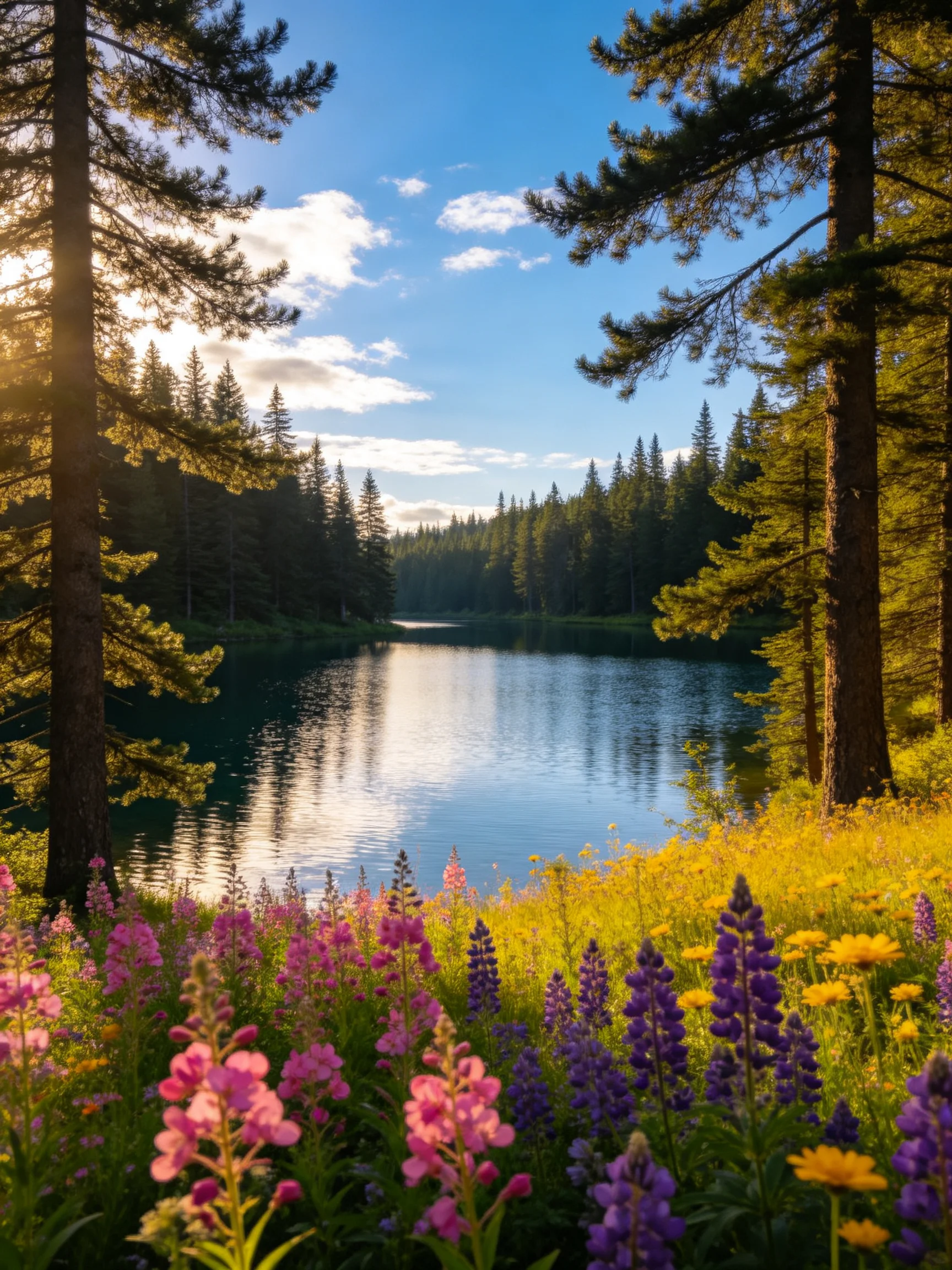 A serene lake bordered by tall pine trees and vibrant wildflowers