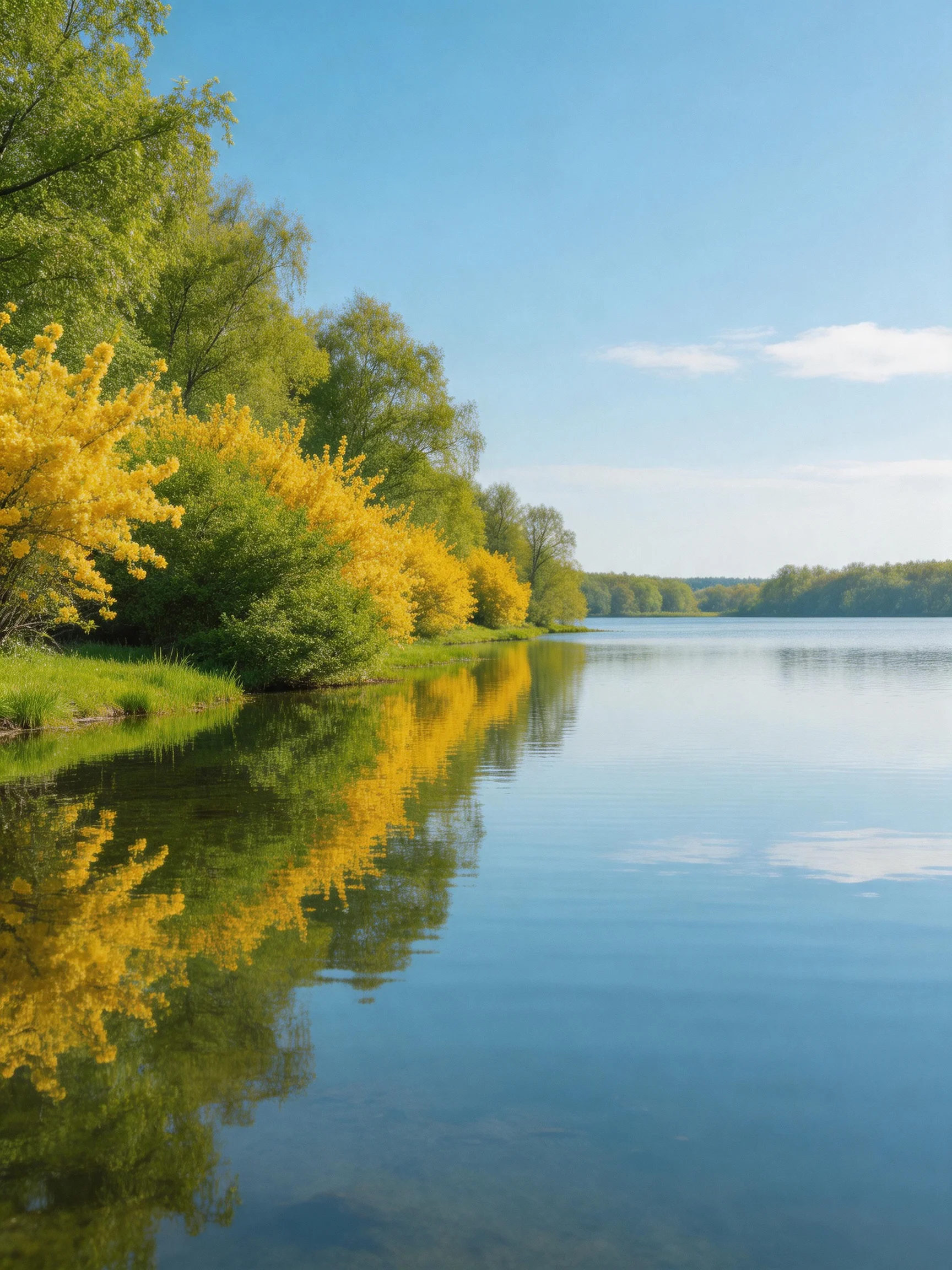 A serene lake bordered by vibrant yellow and green trees under clear blue sky