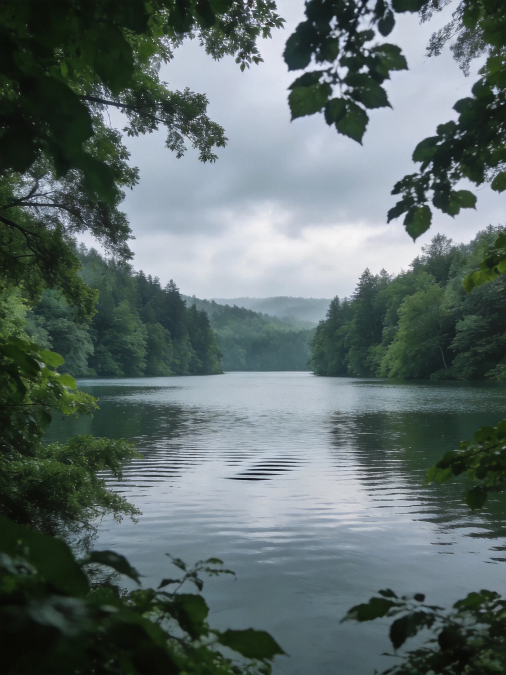 A serene lake framed by lush green forests under an overcast sky