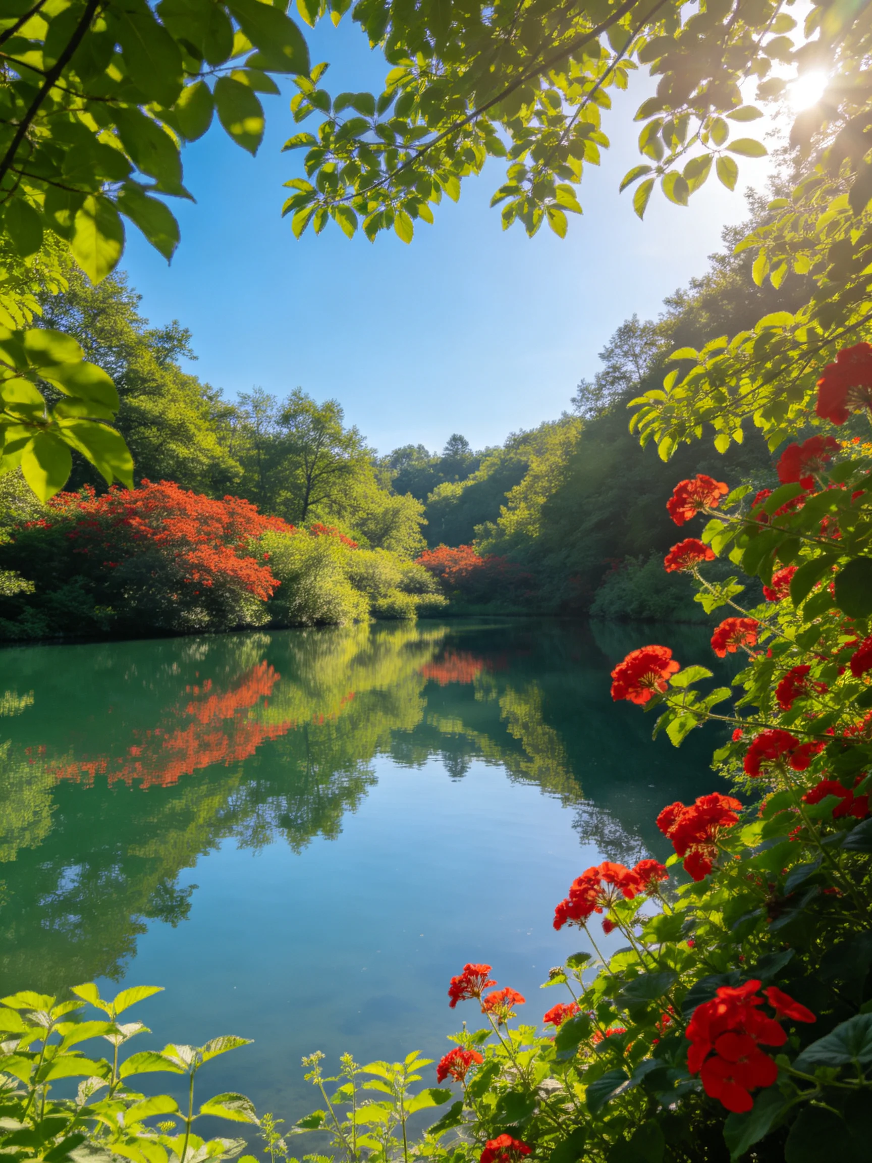 A serene lake framed by lush greenery and vibrant red blooms