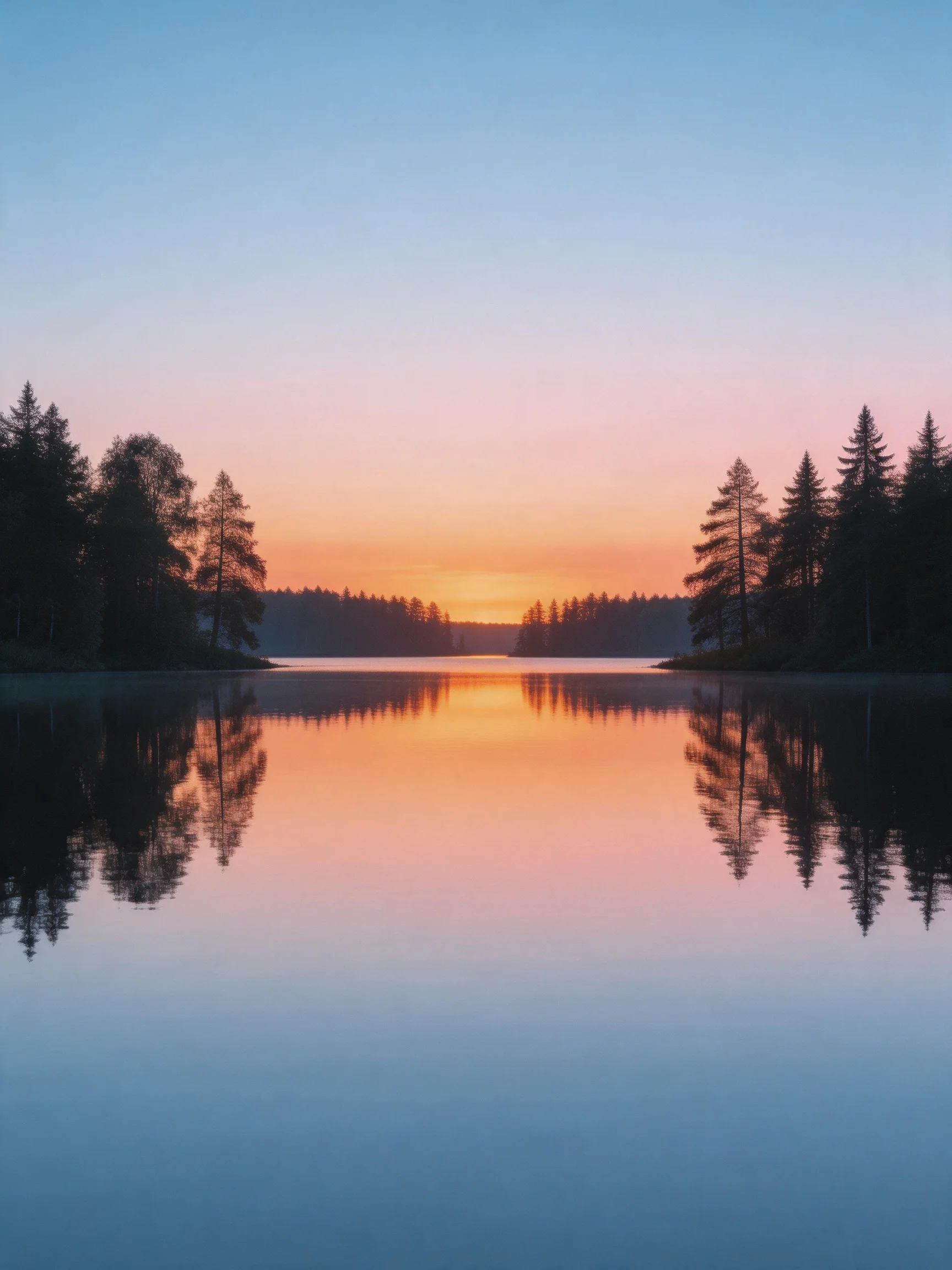 A serene lake reflects a vibrant sunset between forested shores