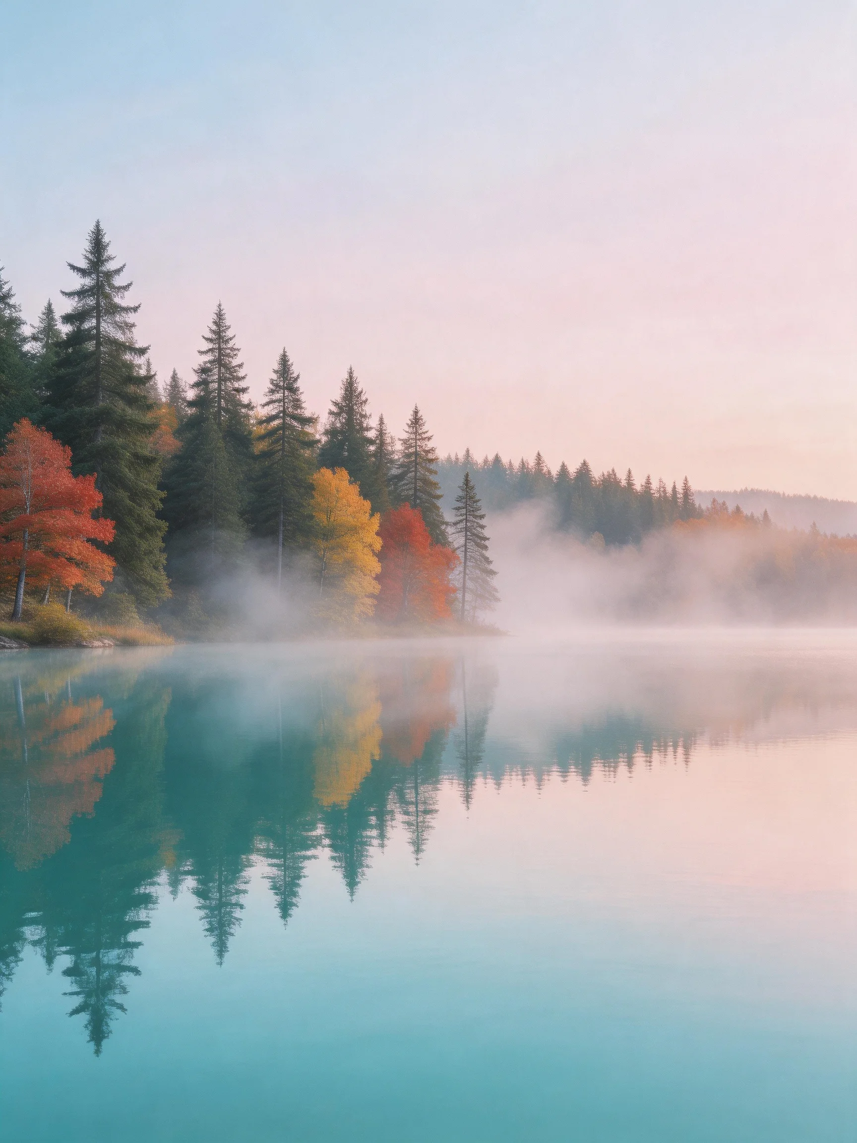 A serene lake reflects autumn-colored trees and morning mist