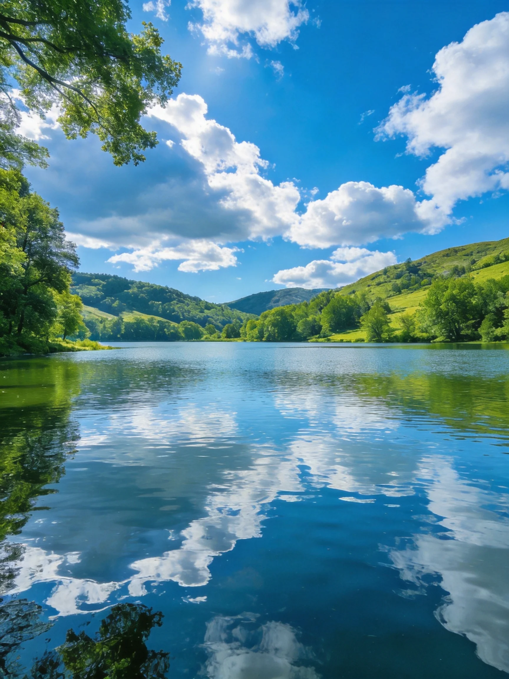 A serene lake reflects blue skies and lush green hills