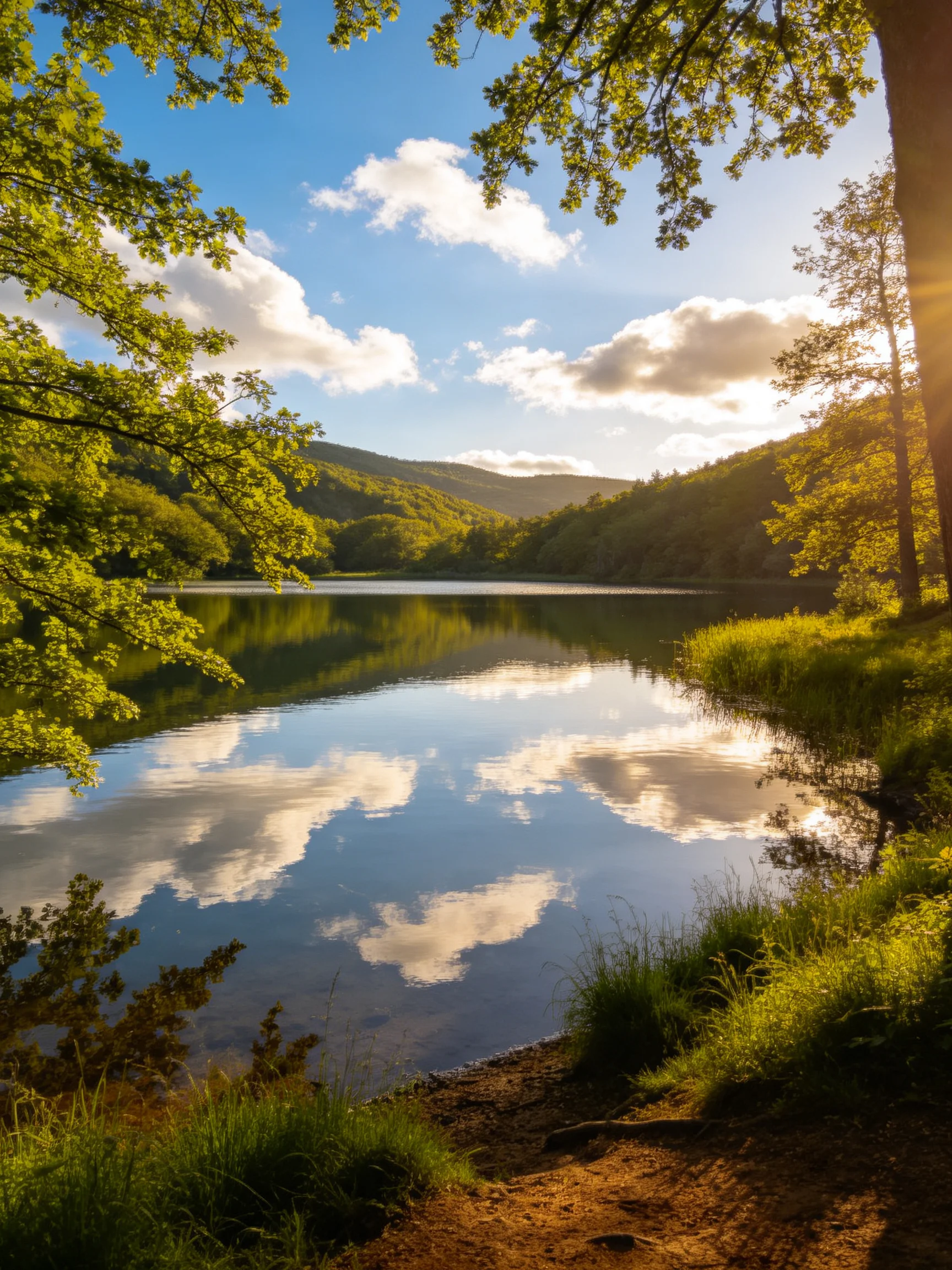 A serene lake reflects blue sky and golden foliage amid lush green hills