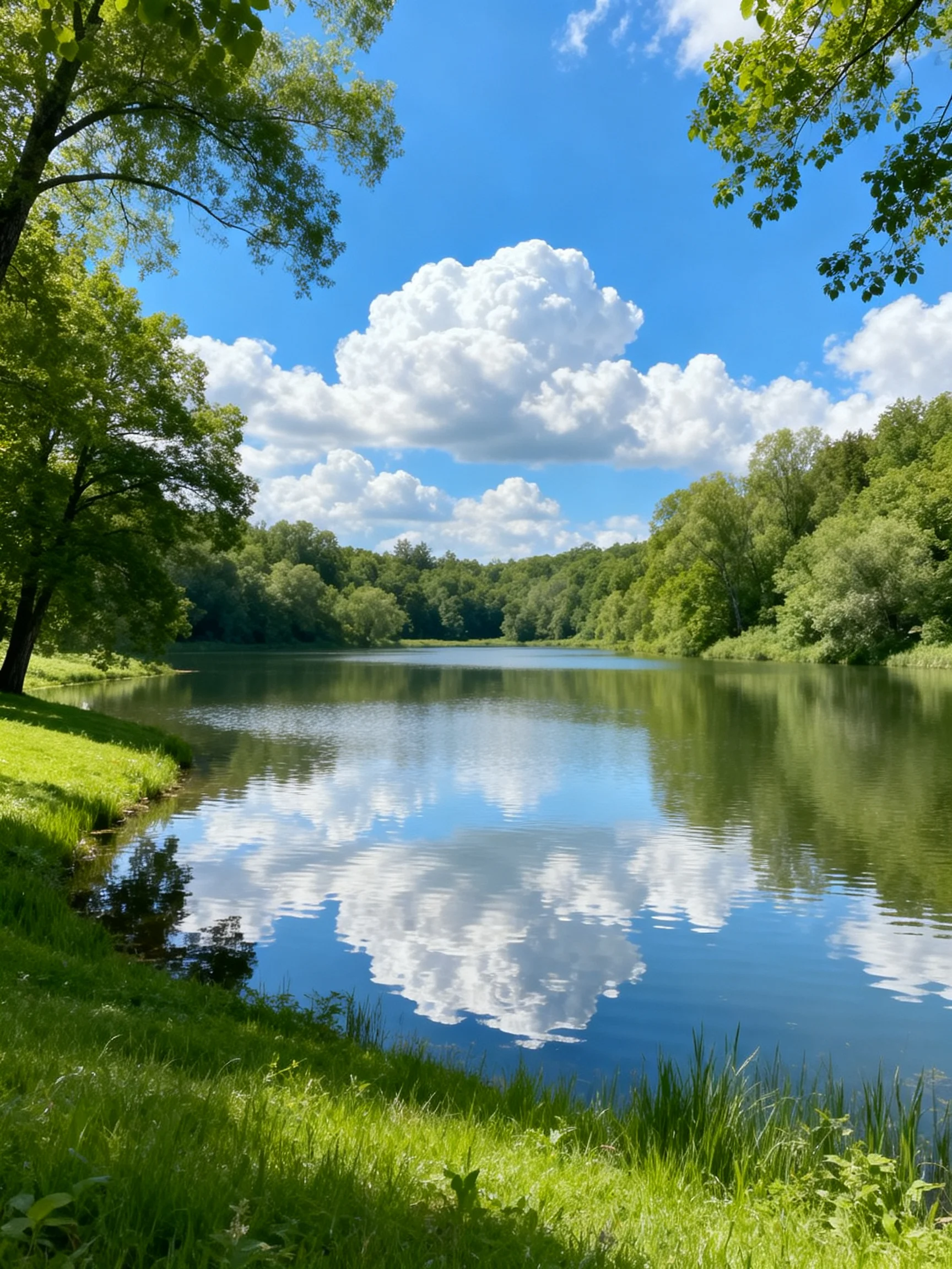 A serene lake reflects blue sky and white clouds amid lush greenery