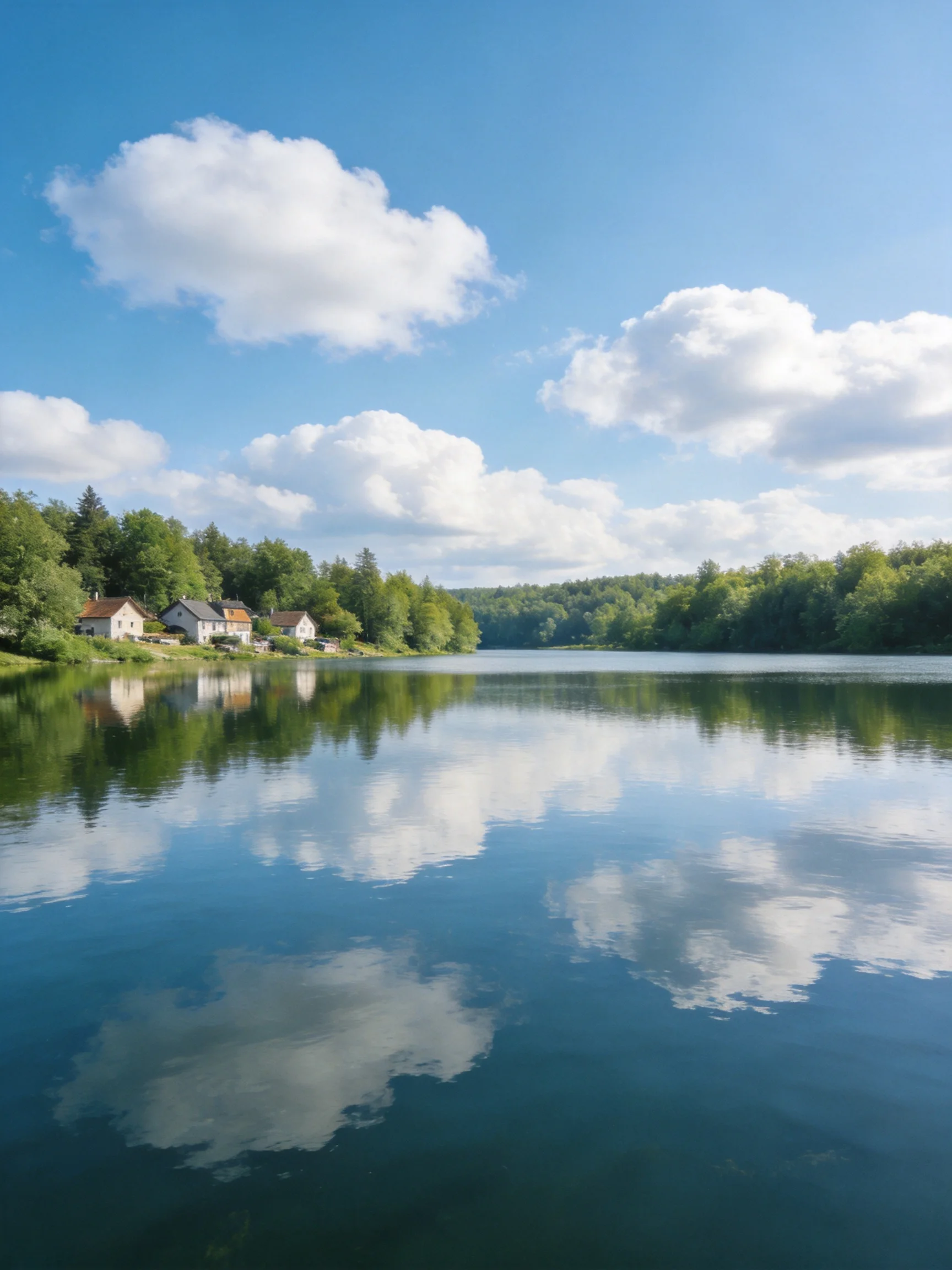 A serene lake reflects blue sky, white clouds, and green forests near homes