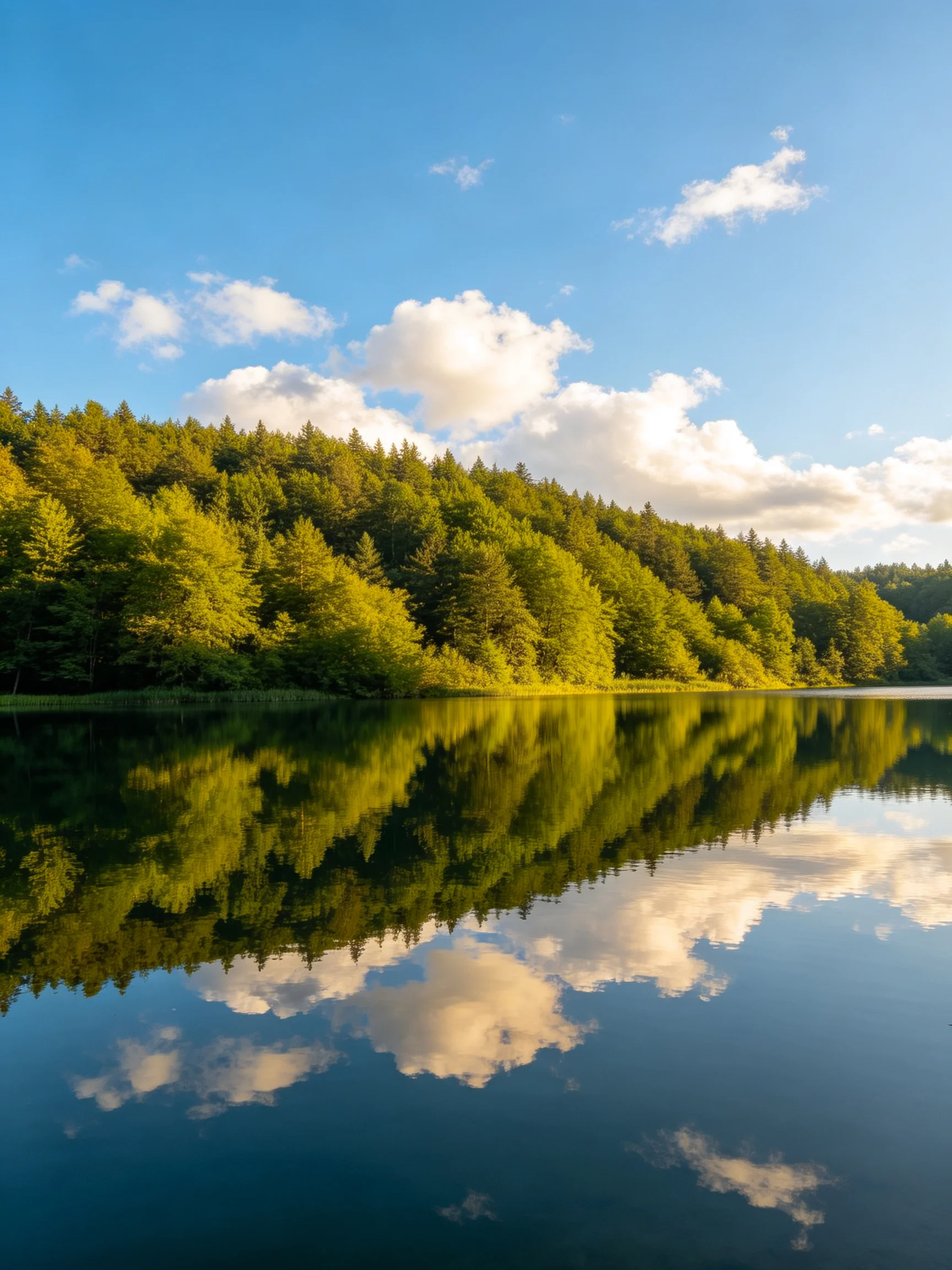 A serene lake reflects dense green forest and bright blue sky with clouds