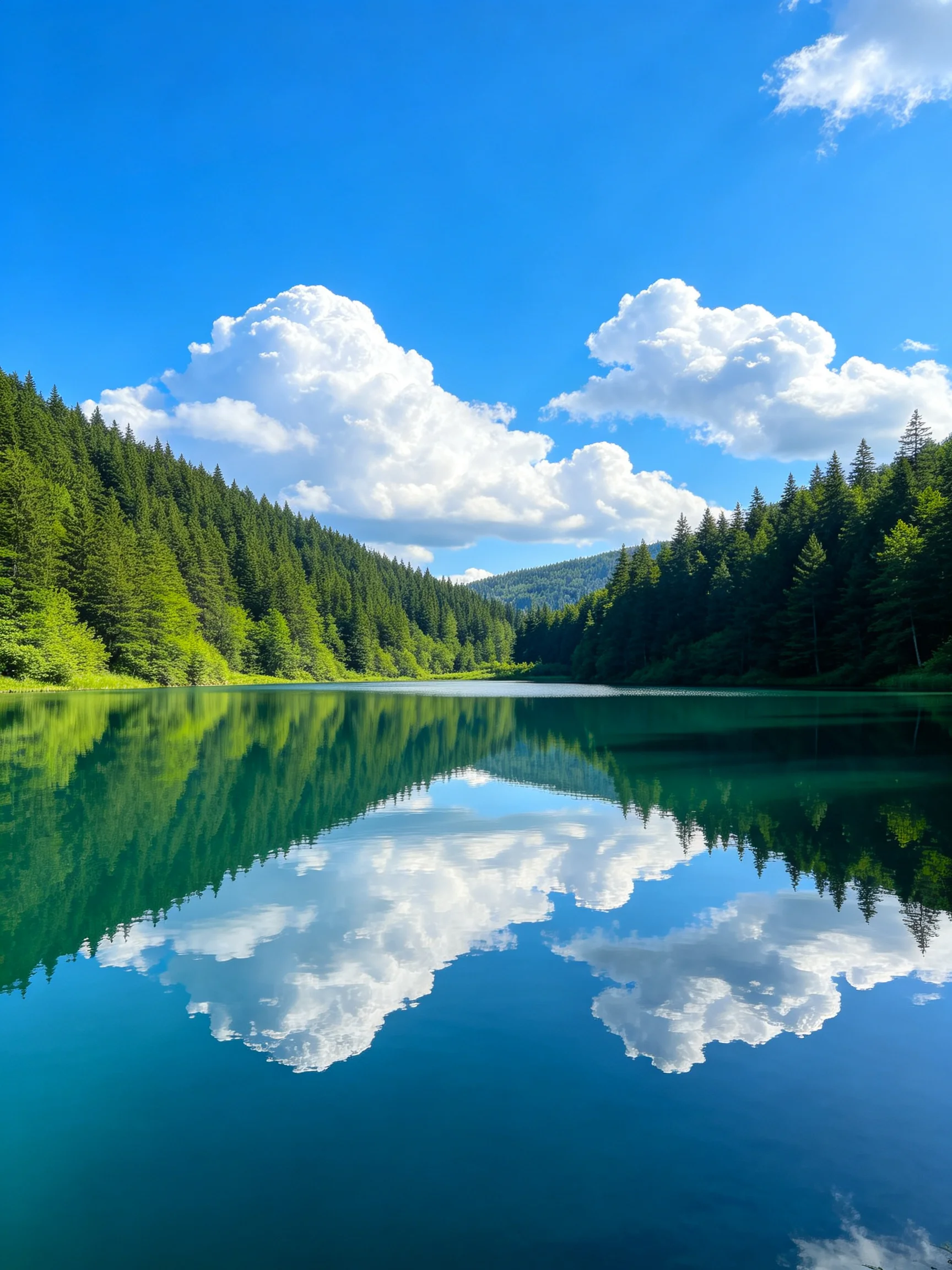 A serene lake reflects dense green forests and bright blue sky