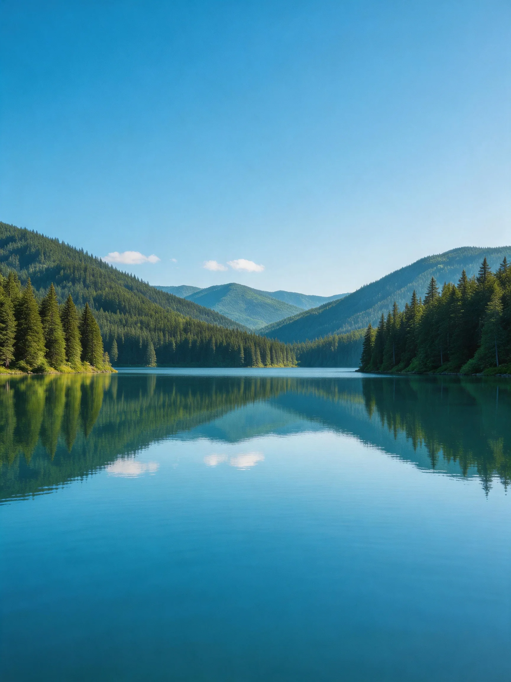A serene lake reflects forested mountains under a clear blue sky