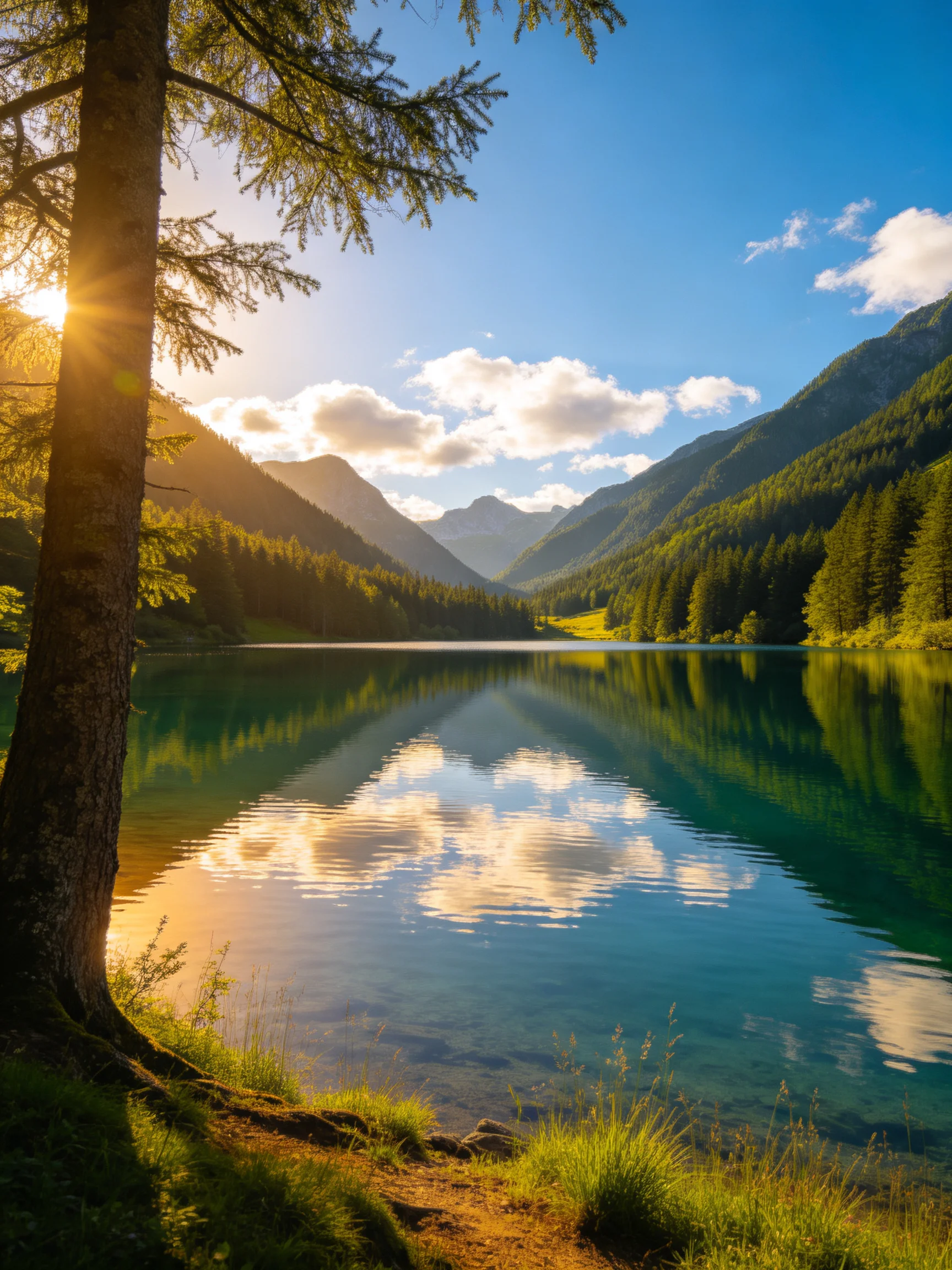A serene lake reflects forested mountains under golden sunlight