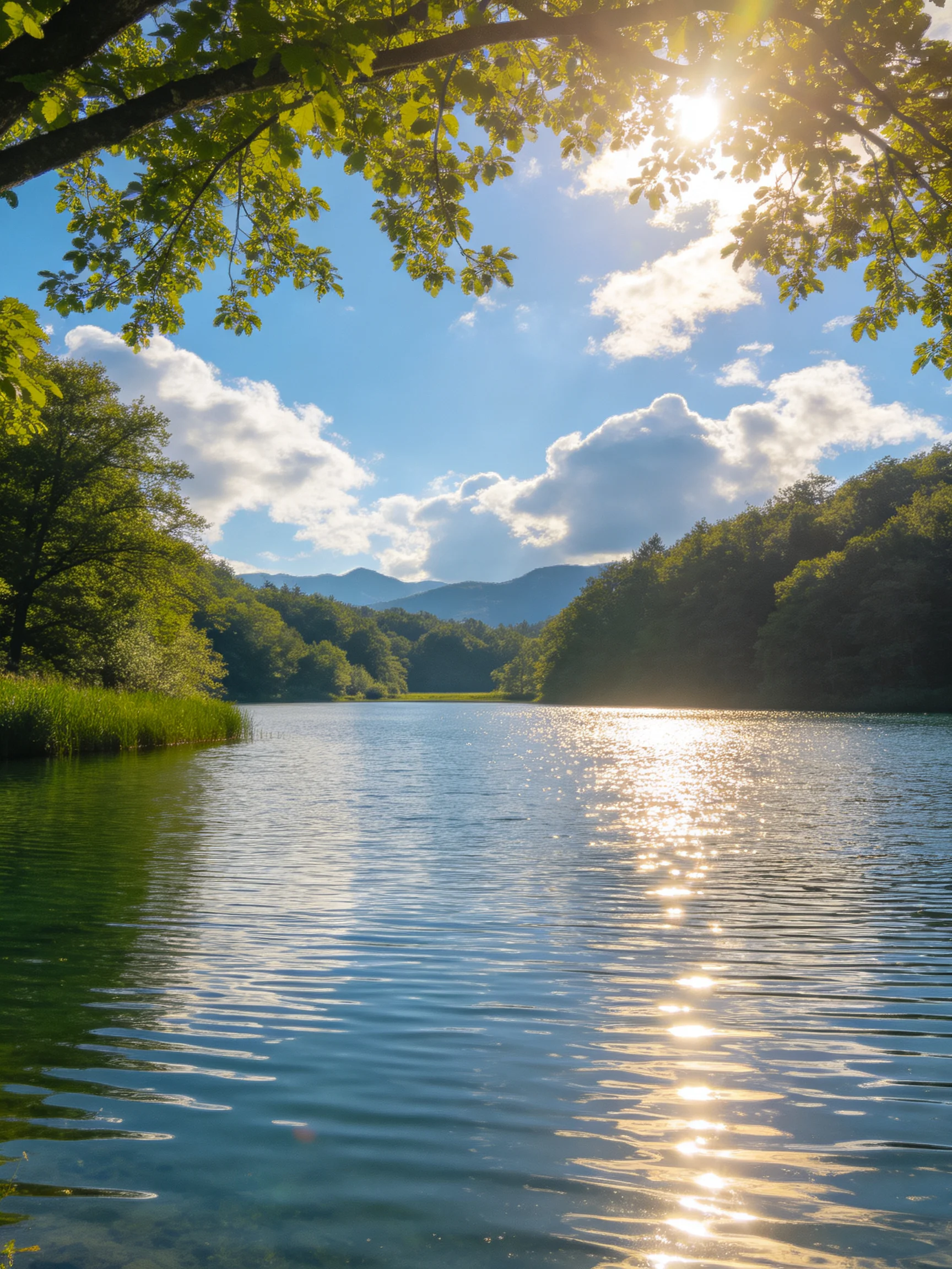 A serene lake reflects golden sunlight among lush green trees and distant mountains