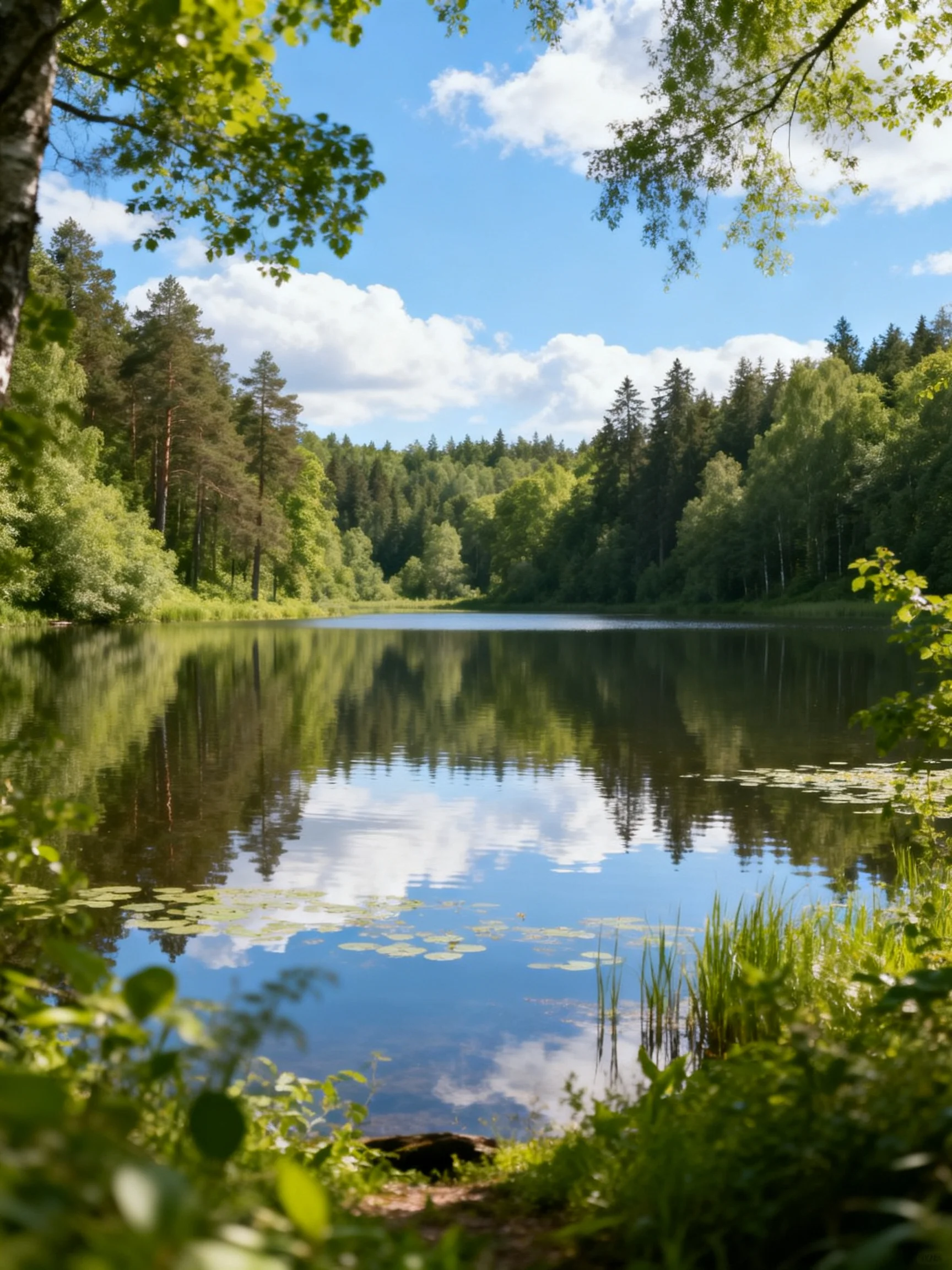 A serene lake reflects lush forests and bright blue skies