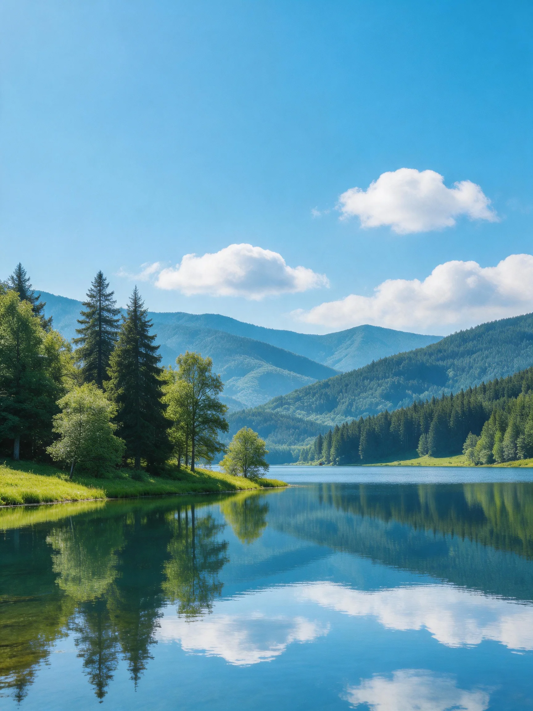 A serene lake reflects lush forests and misty mountains