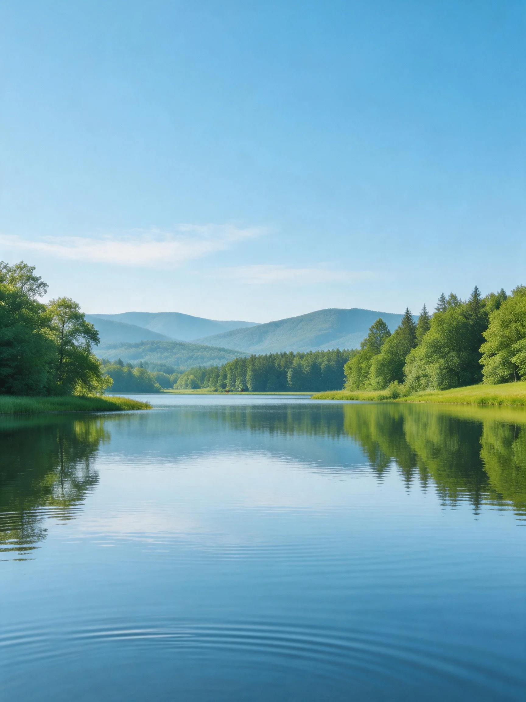 A serene lake reflects lush forests and misty mountains under clear blue skies