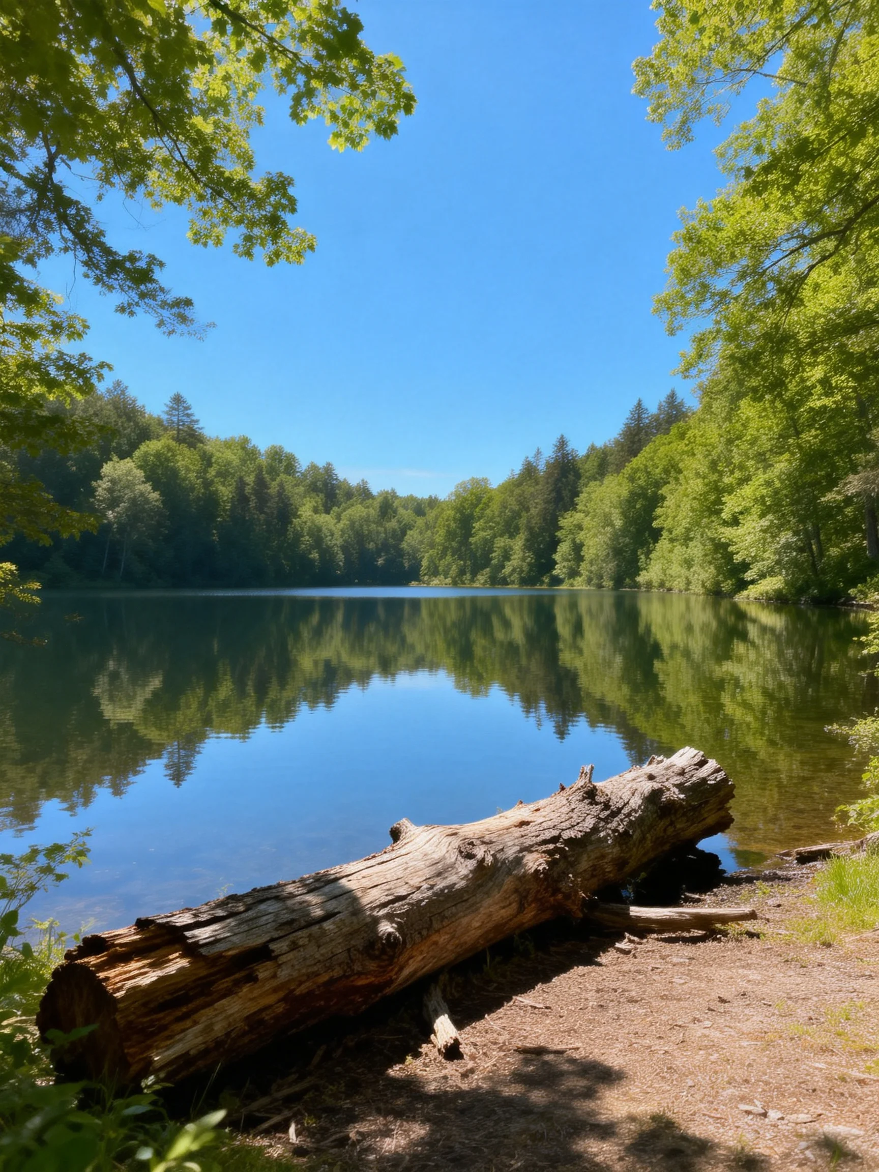 A serene lake reflects lush green forests and a bright blue sky