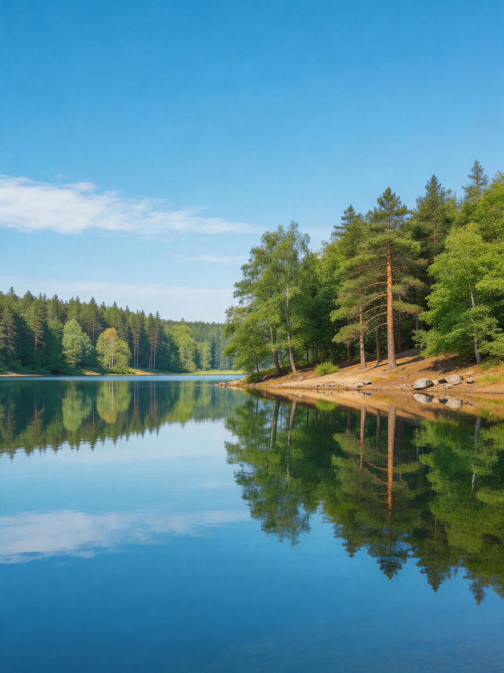 A serene lake reflects lush green forests and clear blue skies