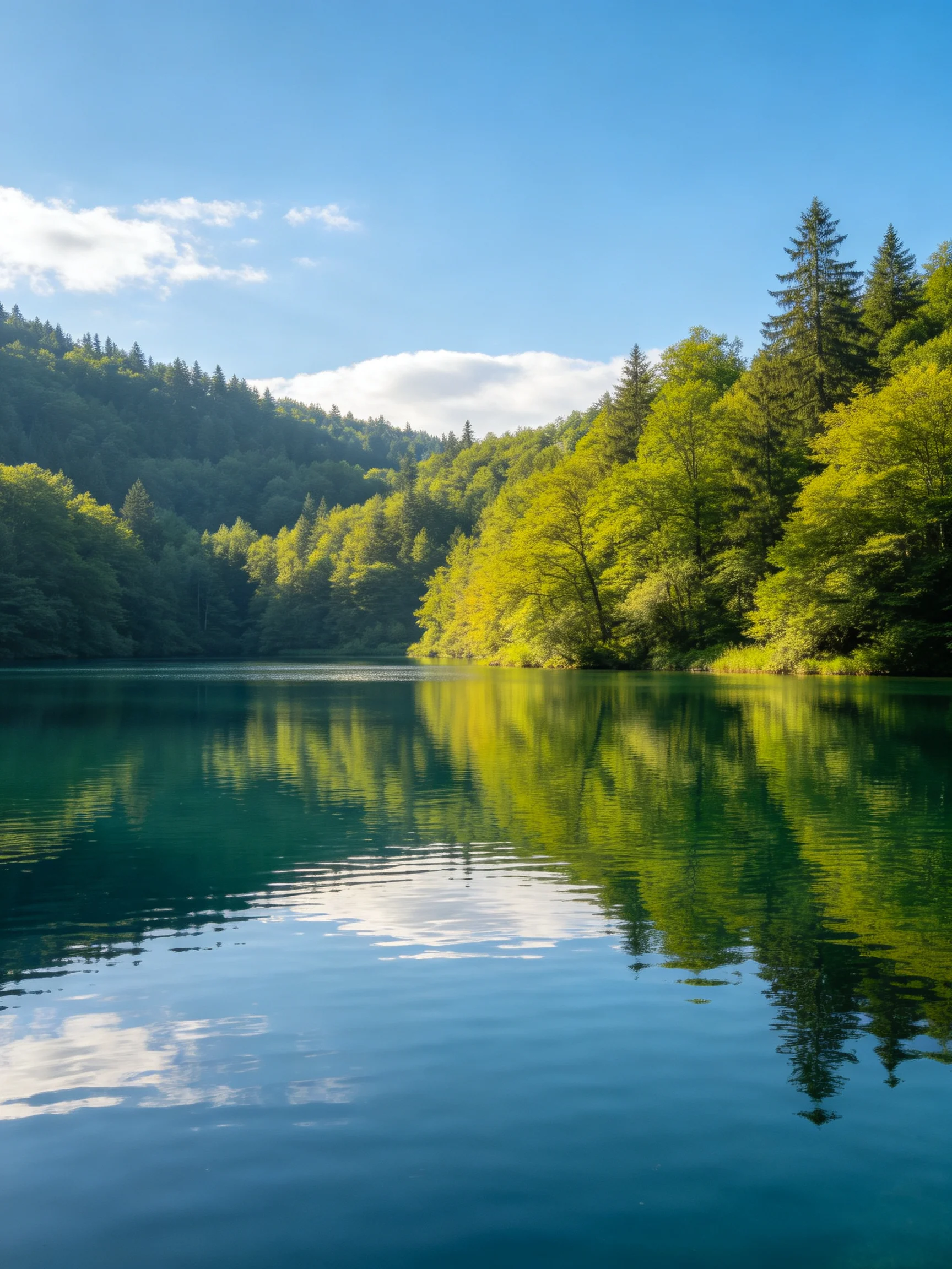A serene lake reflects lush green forests and clear blue skies.