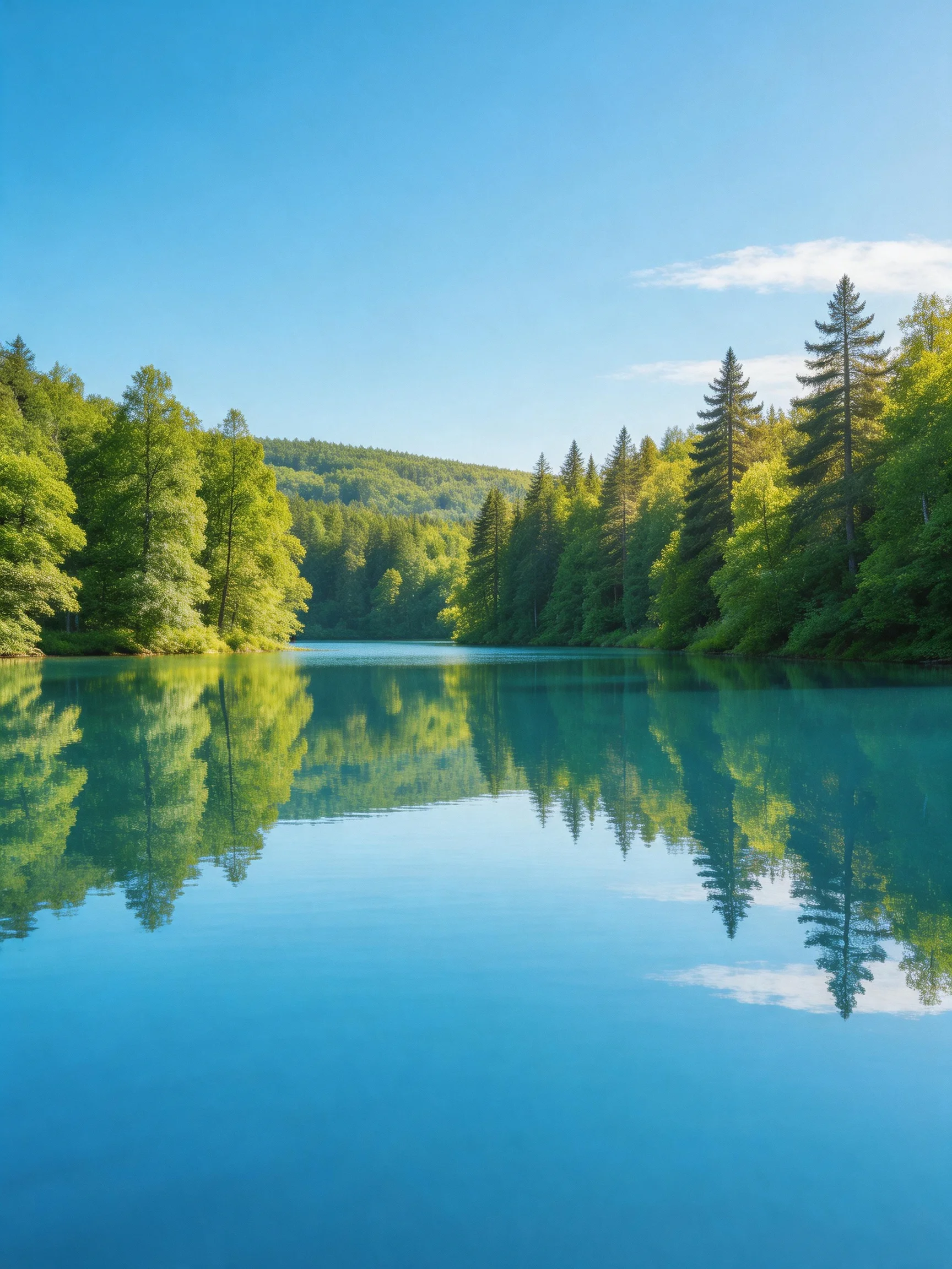 A serene lake reflects lush green forests and clear blue sky