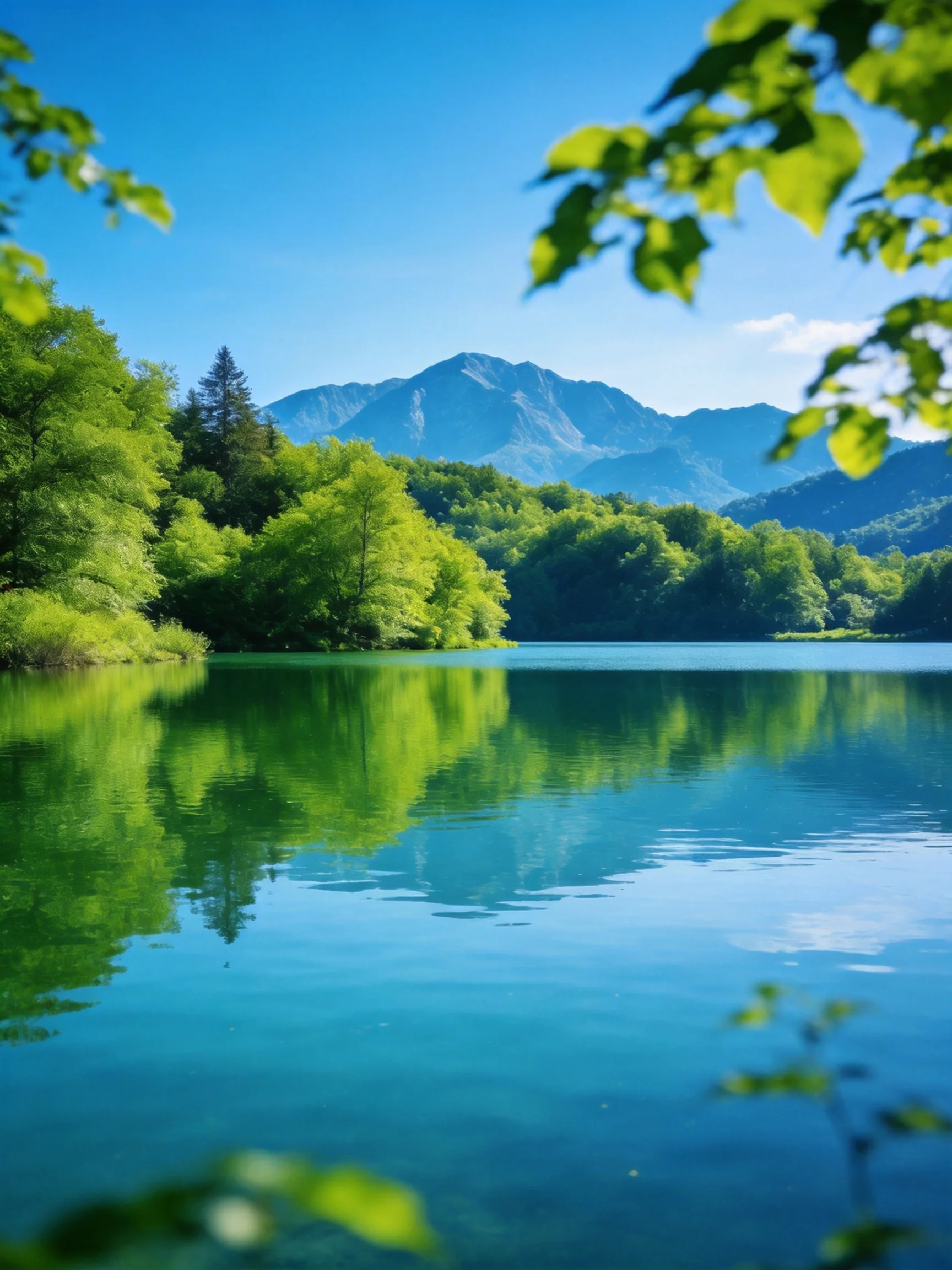 A serene lake reflects lush green forests and distant mountain peaks.