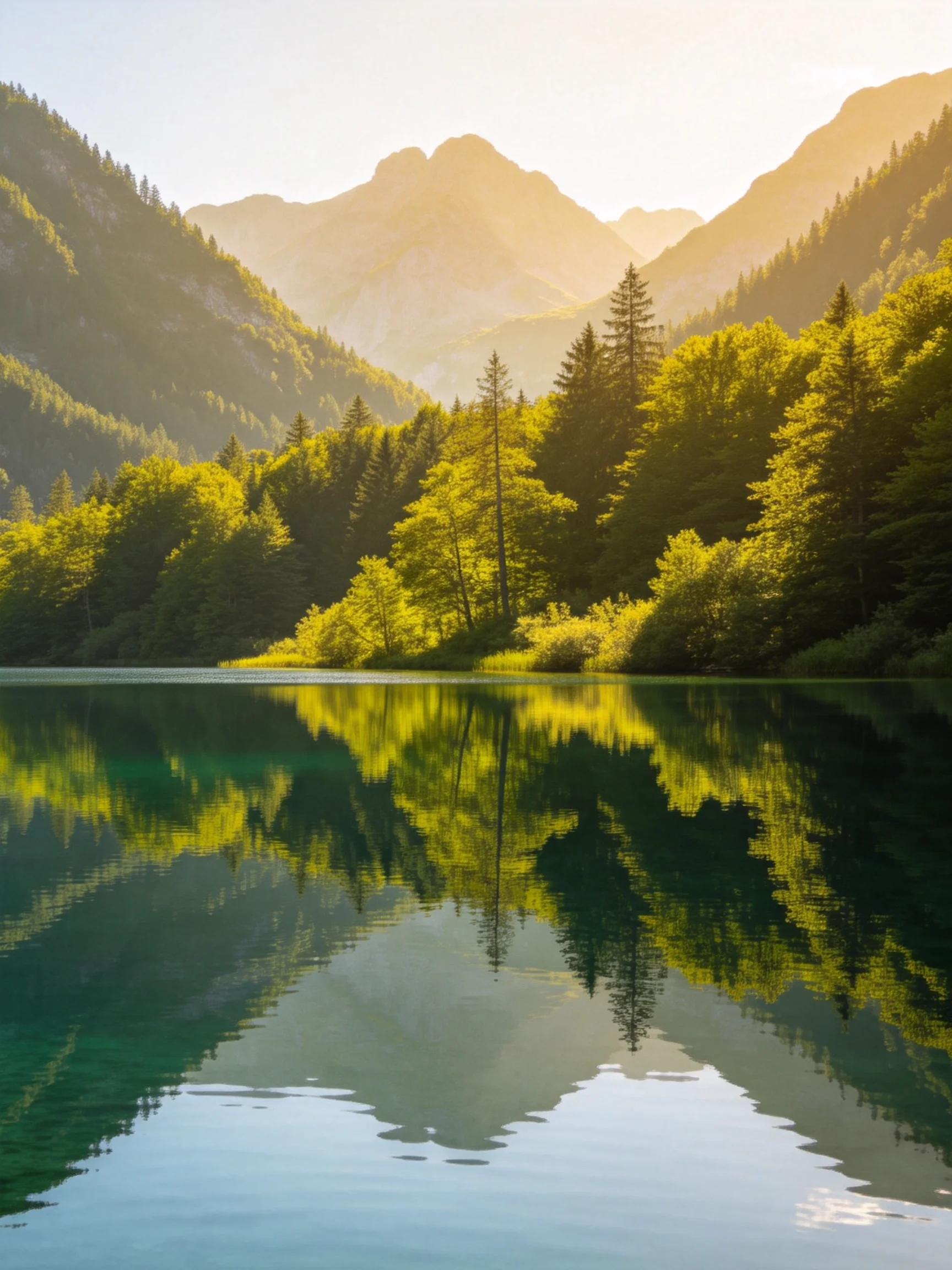A serene lake reflects lush green forests and misty mountain peaks