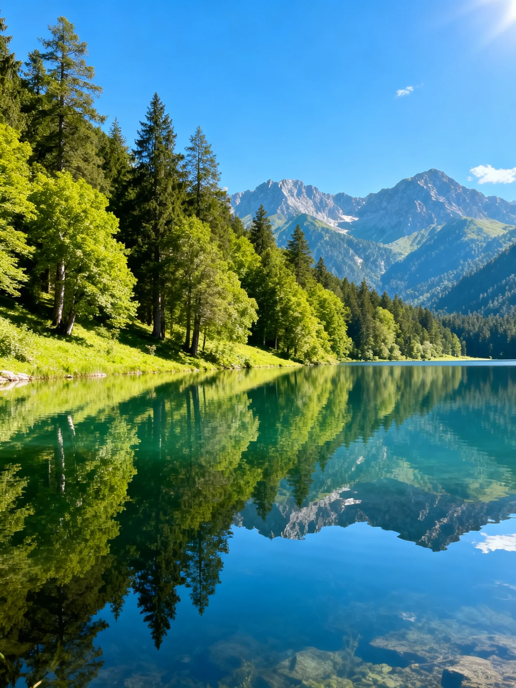 A serene lake reflects lush green forests and towering mountain peaks