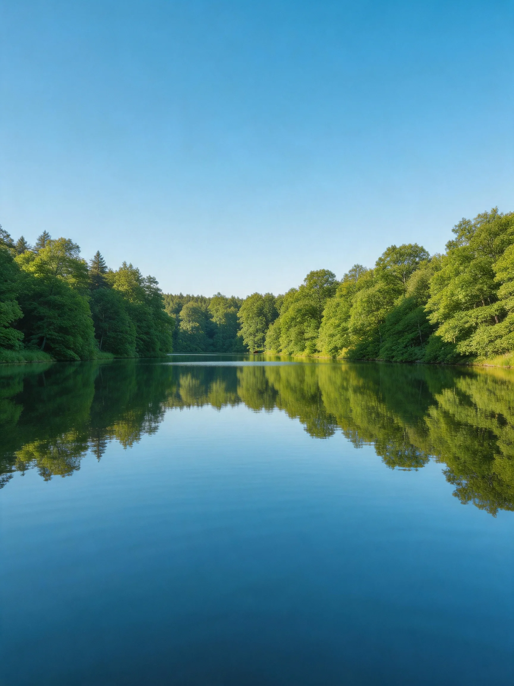A serene lake reflects lush green forests under a clear blue sky