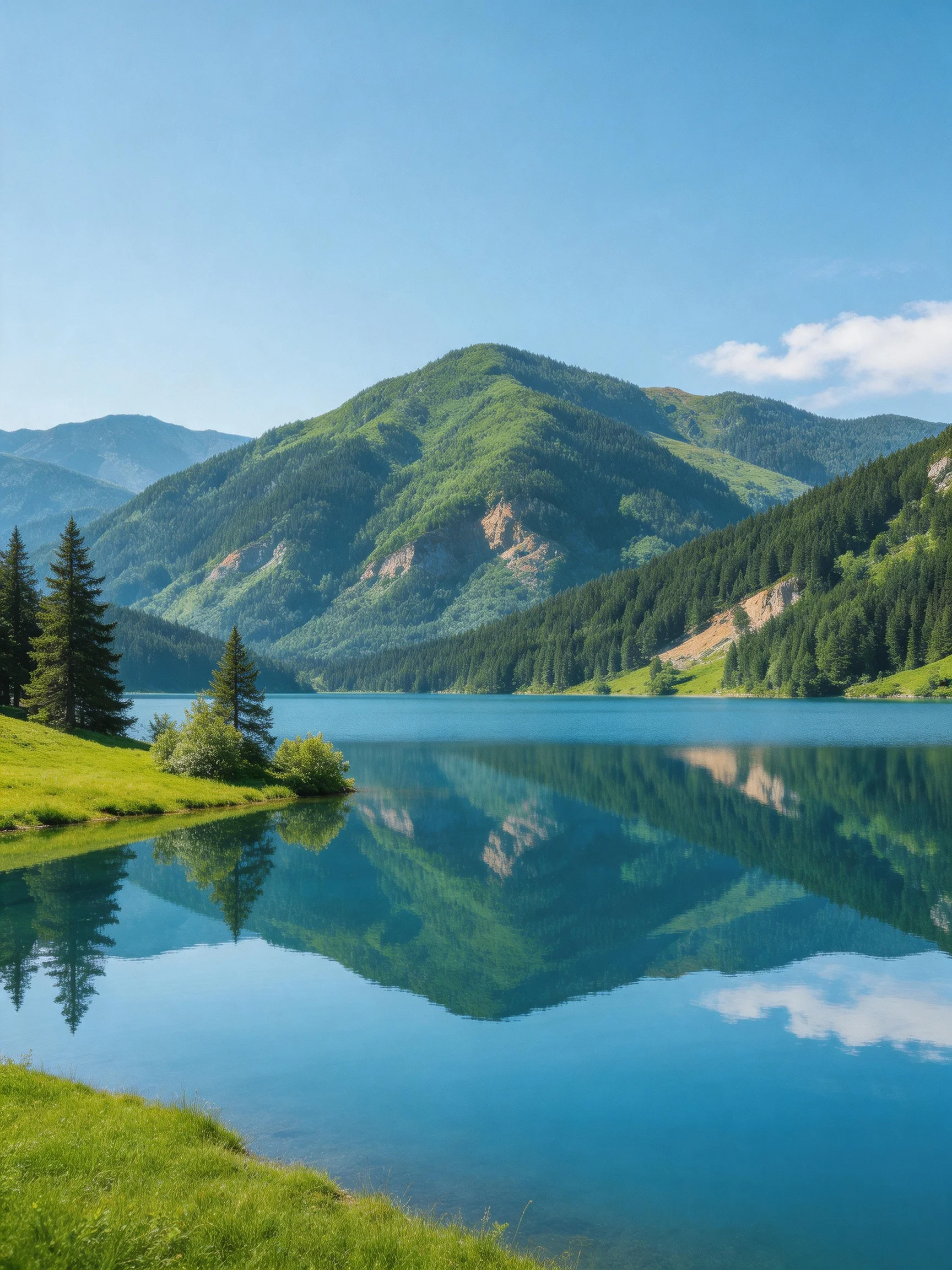 A serene lake reflects lush green mountains and forested slopes
