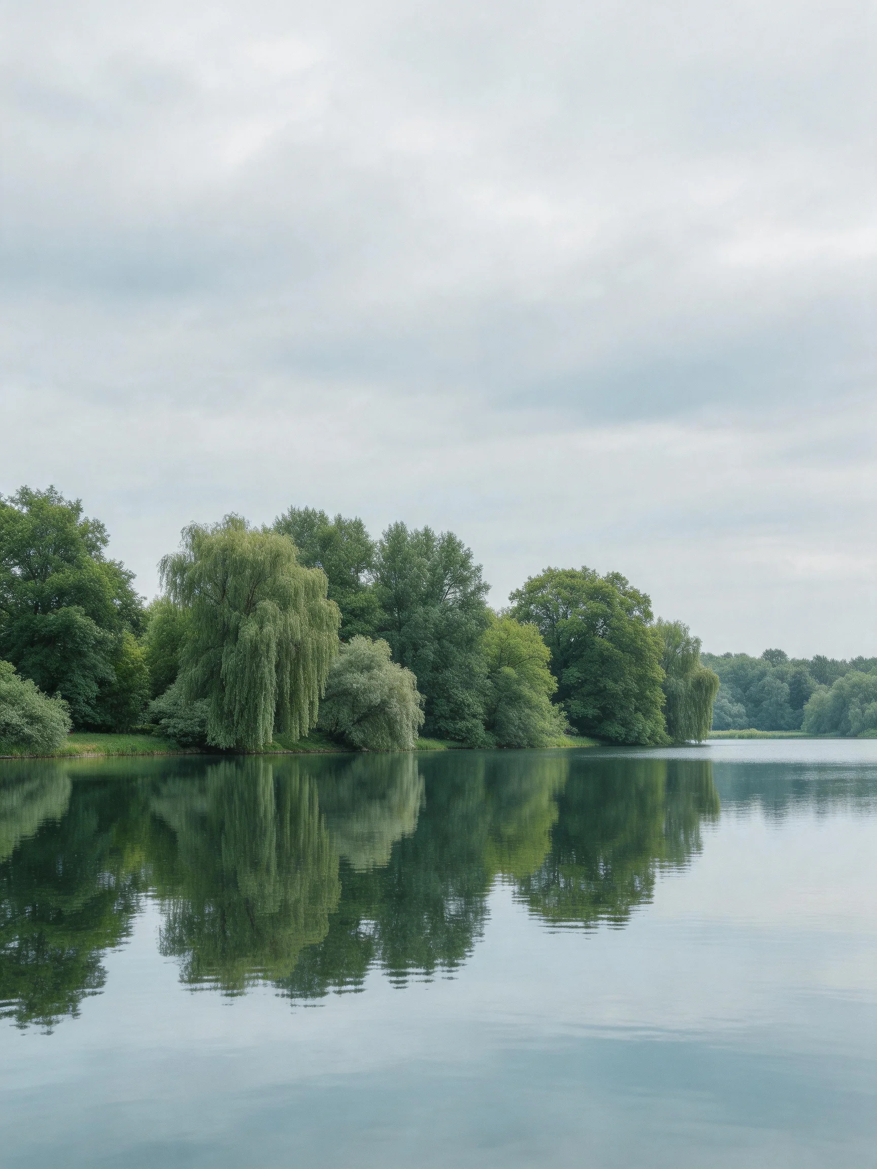 A serene lake reflects lush green trees under an overcast sky
