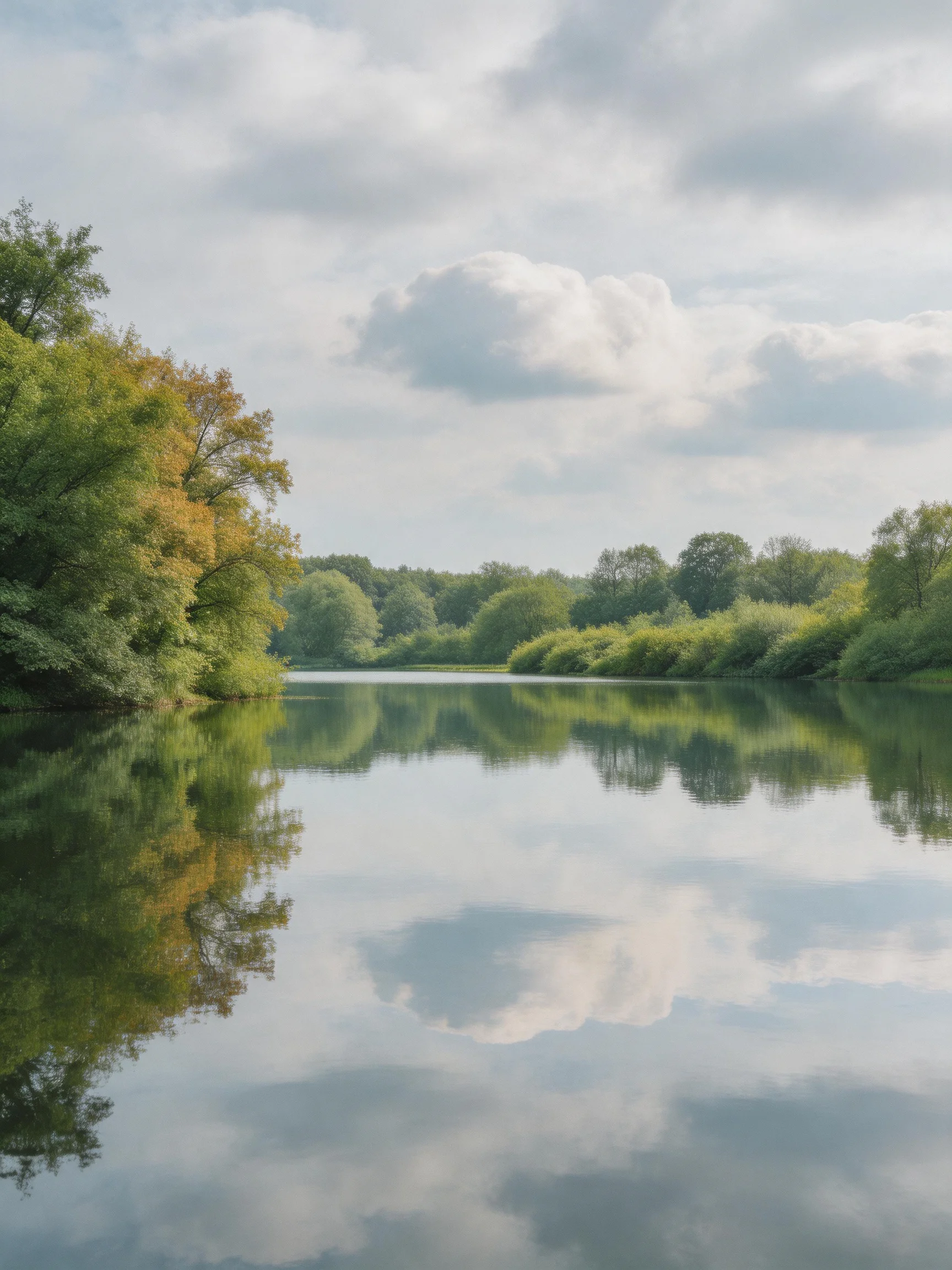 A serene lake reflects lush greenery and cloudy sky