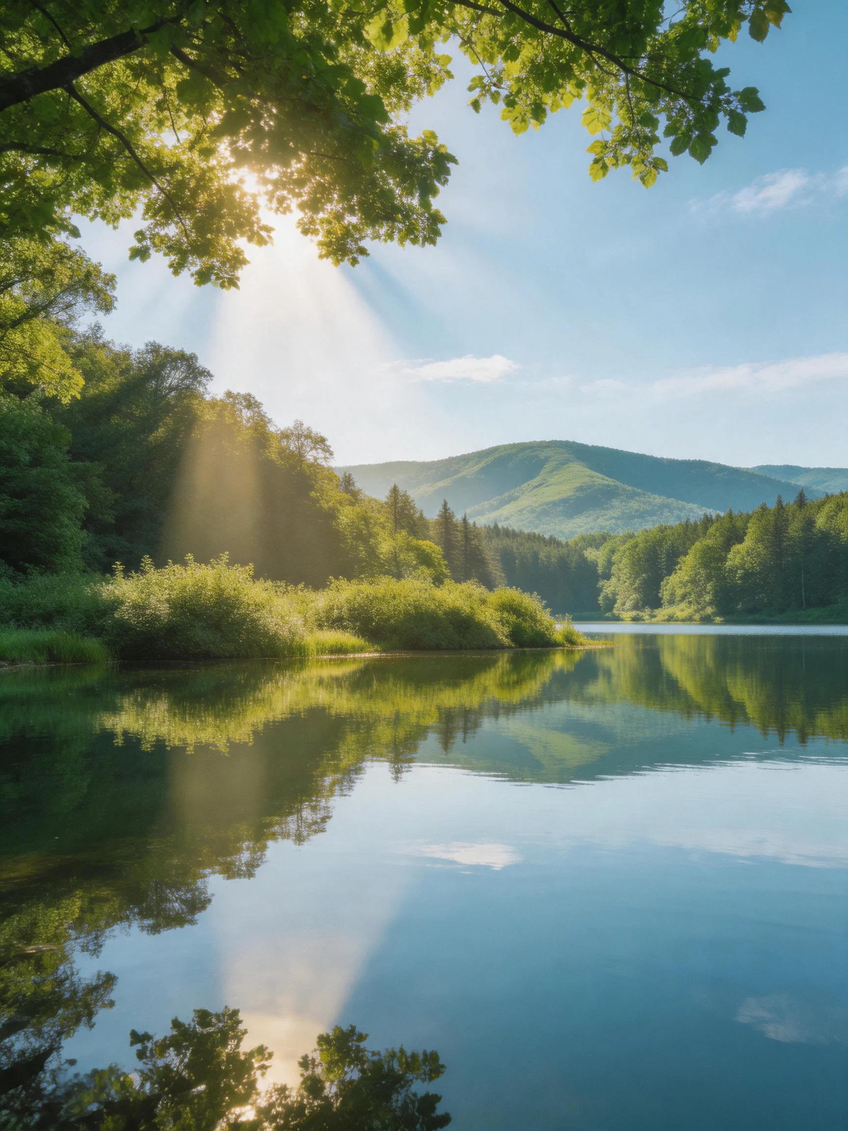 A serene lake reflects lush greenery and distant mountains under golden sunlight