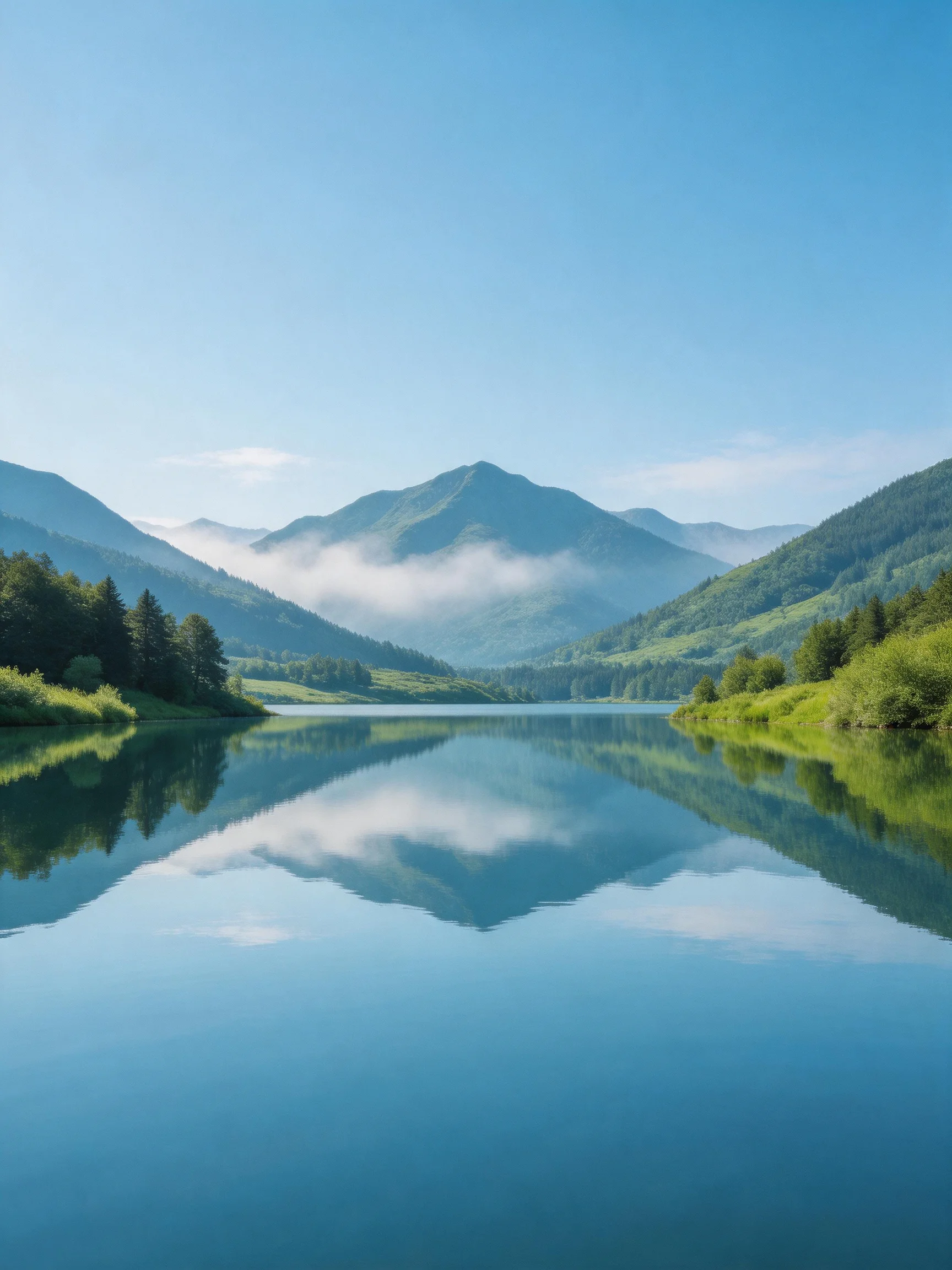 A serene lake reflects misty mountains and lush green forests